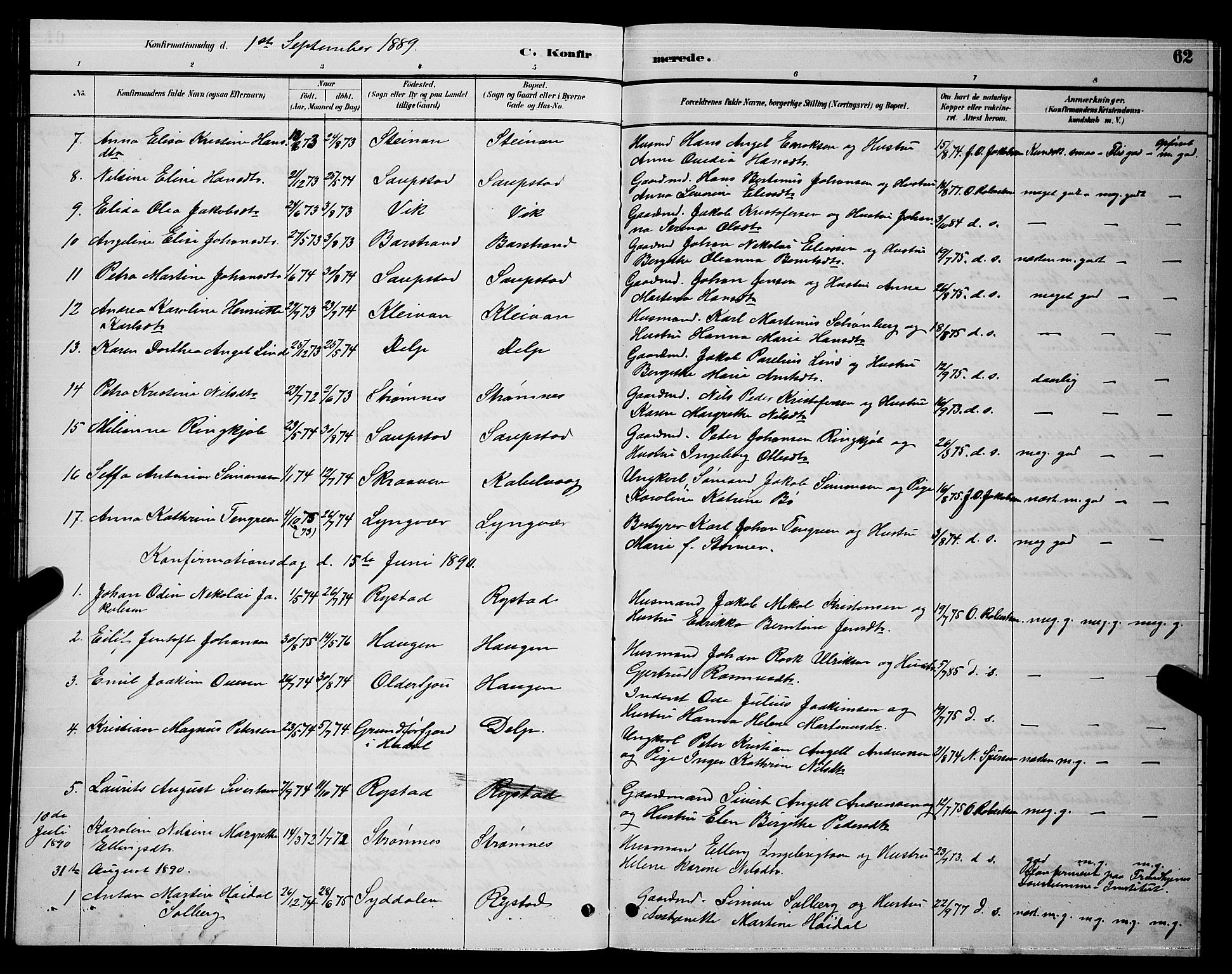 Ministerialprotokoller, klokkerbøker og fødselsregistre - Nordland, SAT/A-1459/876/L1104: Klokkerbok nr. 876C03, 1886-1896, s. 62