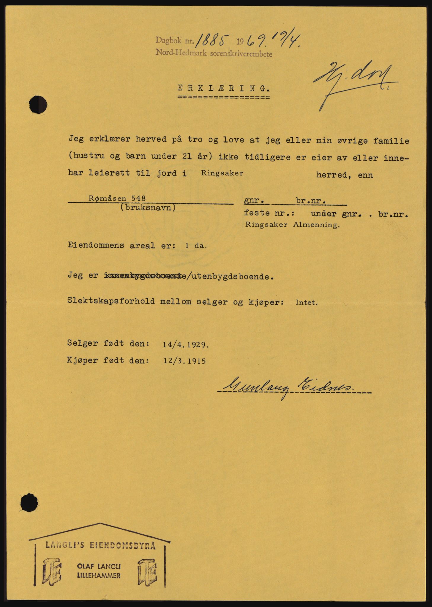 Nord-Hedmark sorenskriveri, SAH/TING-012/H/Hc/L0030: Pantebok nr. 30, 1969-1969, Dagboknr: 1885/1969