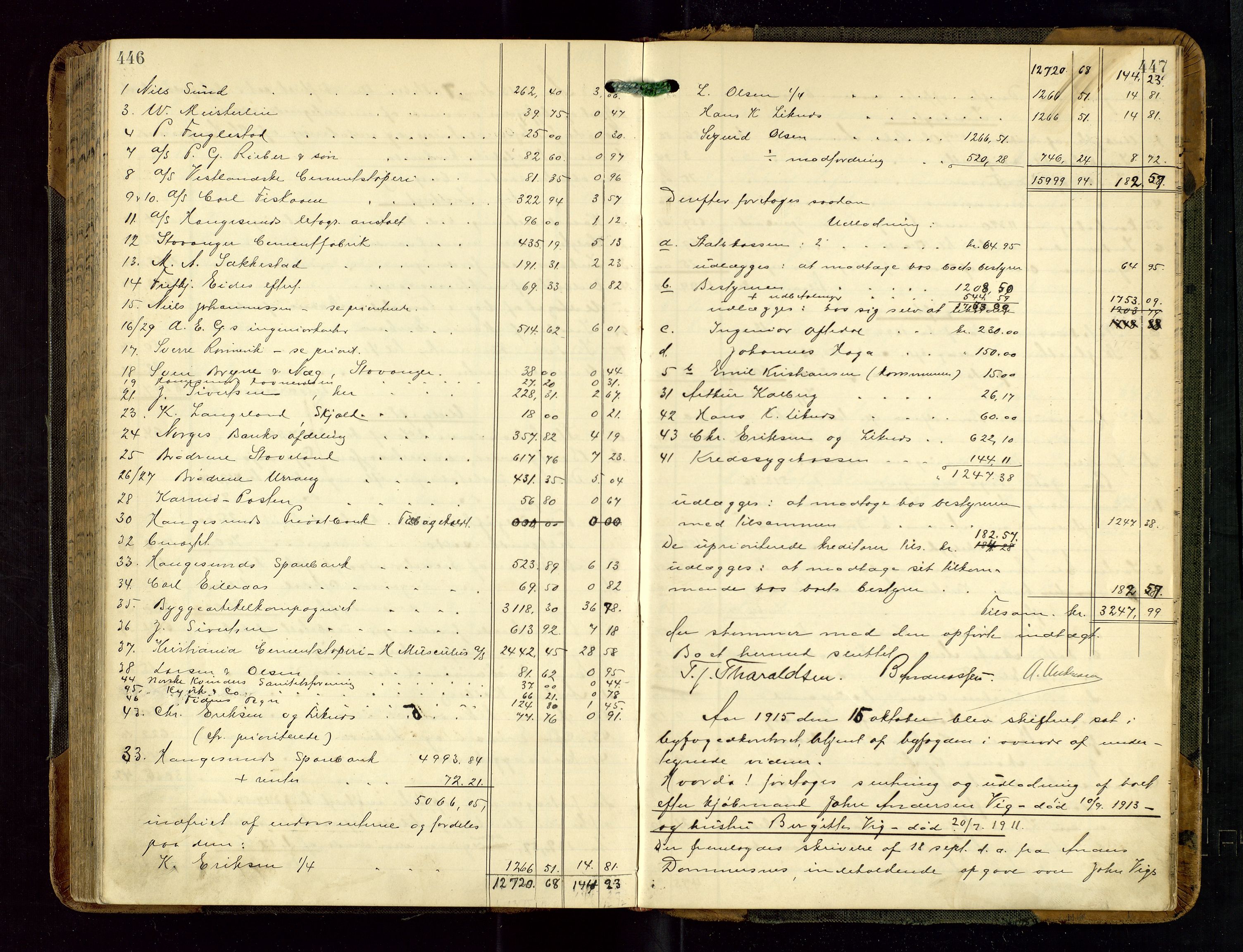 Haugesund tingrett, AV/SAST-A-101415/01/IV/IVD/L0002: Skifteutlodningsprotokoll, med register, 1904-1915, s. 446-447