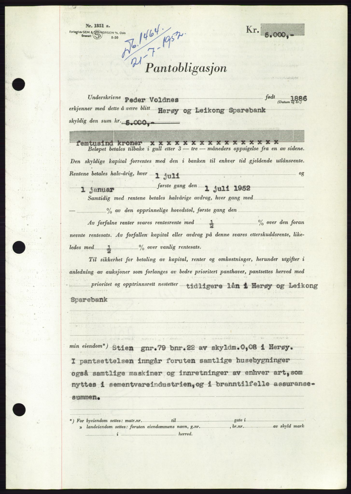 Søre Sunnmøre sorenskriveri, AV/SAT-A-4122/1/2/2C/L0121: Pantebok nr. 9B, 1951-1952, Dagboknr: 1464/1952