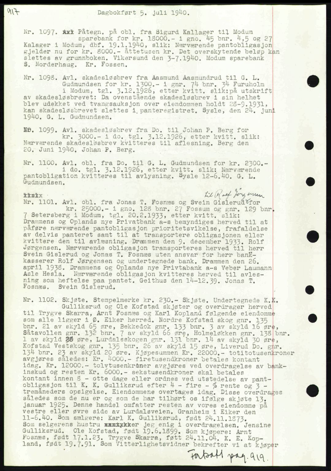 Eiker, Modum og Sigdal sorenskriveri, SAKO/A-123/G/Ga/Gab/L0041: Pantebok nr. A11, 1939-1940, Dagboknr: 1097/1940