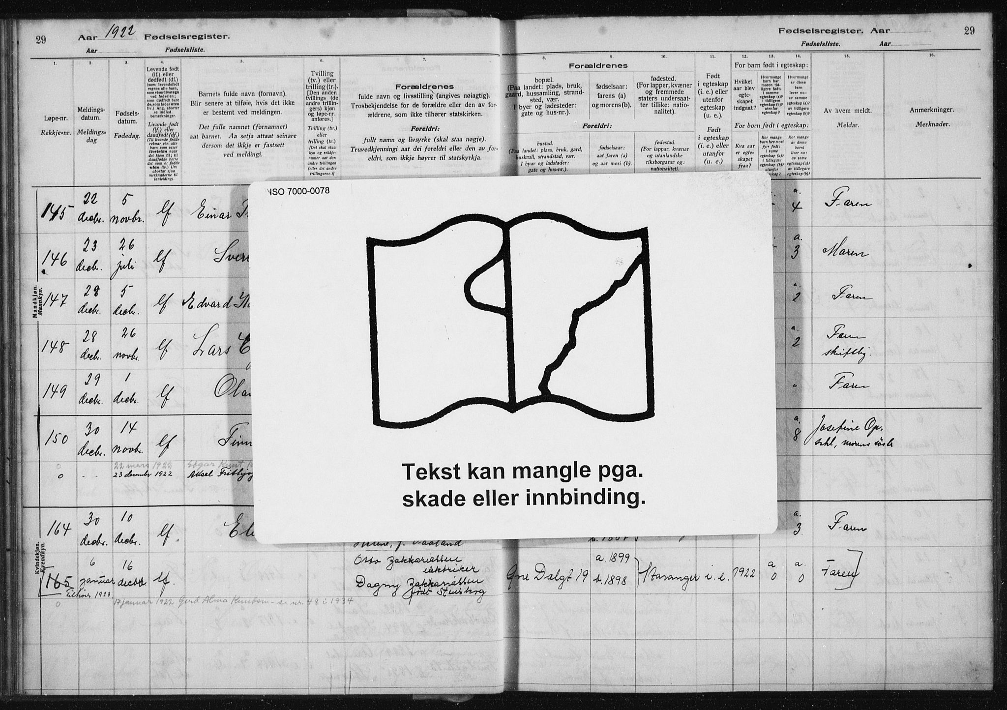 St. Petri sokneprestkontor, AV/SAST-A-101813/002/A/L0002: Fødselsregister nr. 2, 1922-1929, s. 29