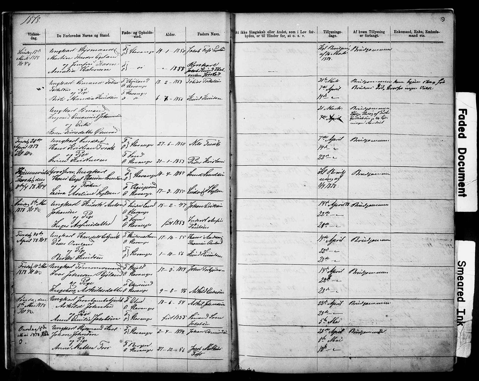 Domkirken sokneprestkontor, AV/SAST-A-101812/001/30/30BB/L0014: Klokkerbok nr. B 14, 1875-1902, s. 19