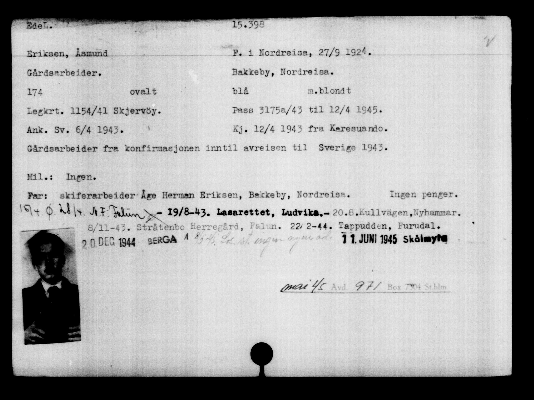 Utenriksstasjonene, Legasjonen i Stockholm, Flyktningkontoret, AV/RA-S-6753/V/Va/L0007: Kjesäterkartoteket, flyktninger med registreringsnr. 12700-15723, 1940-1945, s. 3095