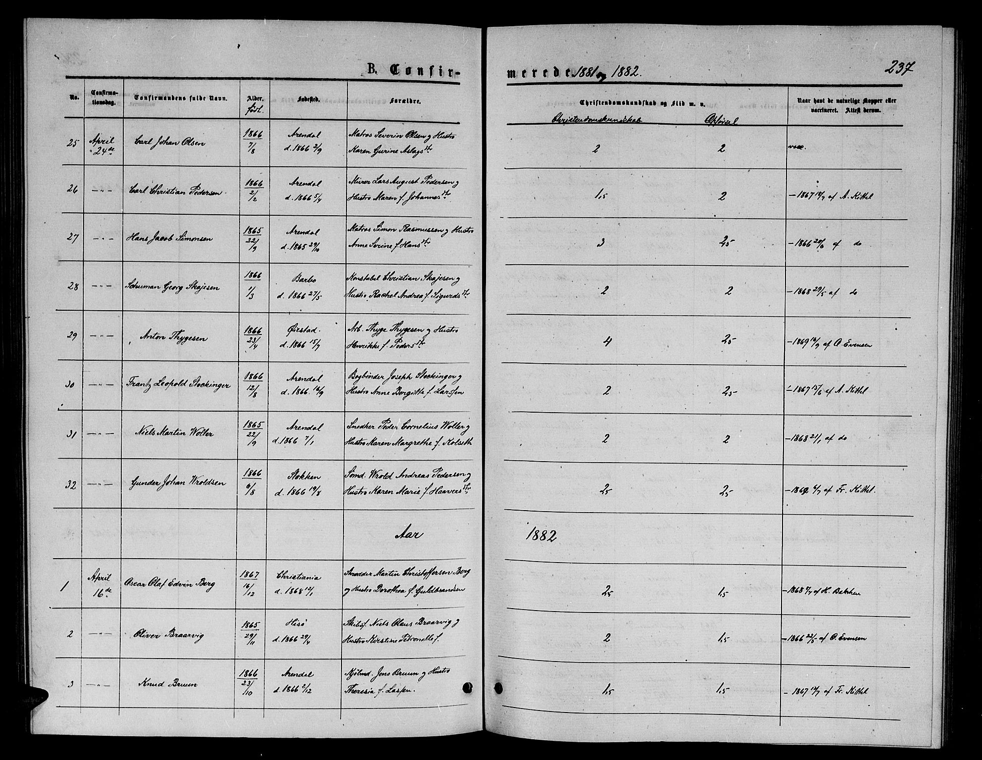 Arendal sokneprestkontor, Trefoldighet, AV/SAK-1111-0040/F/Fb/L0005: Klokkerbok nr. B 5, 1874-1888, s. 237