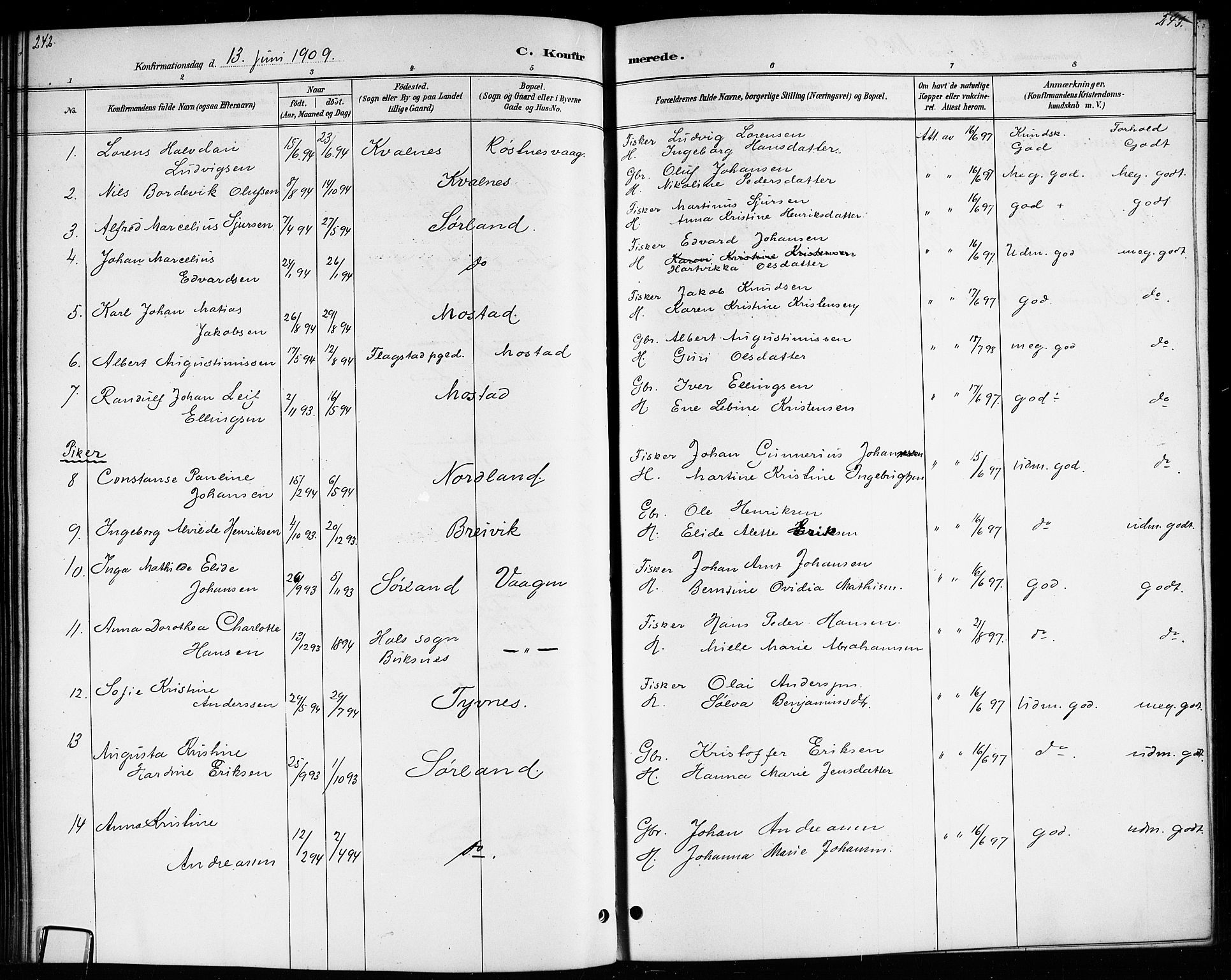 Ministerialprotokoller, klokkerbøker og fødselsregistre - Nordland, AV/SAT-A-1459/807/L0123: Klokkerbok nr. 807C01, 1884-1910, s. 242-243