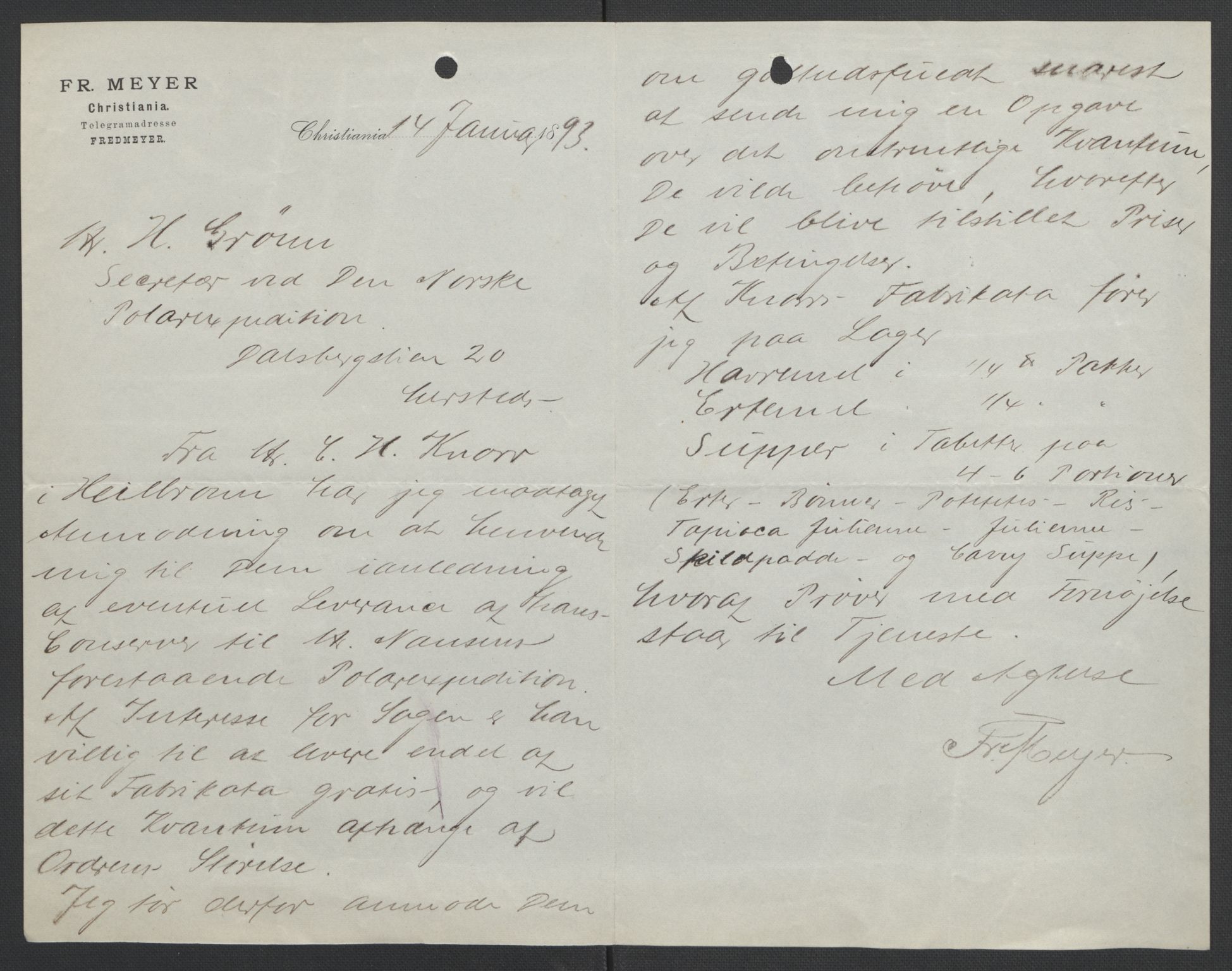 Arbeidskomitéen for Fridtjof Nansens polarekspedisjon, AV/RA-PA-0061/D/L0004: Innk. brev og telegrammer vedr. proviant og utrustning, 1892-1893, s. 363