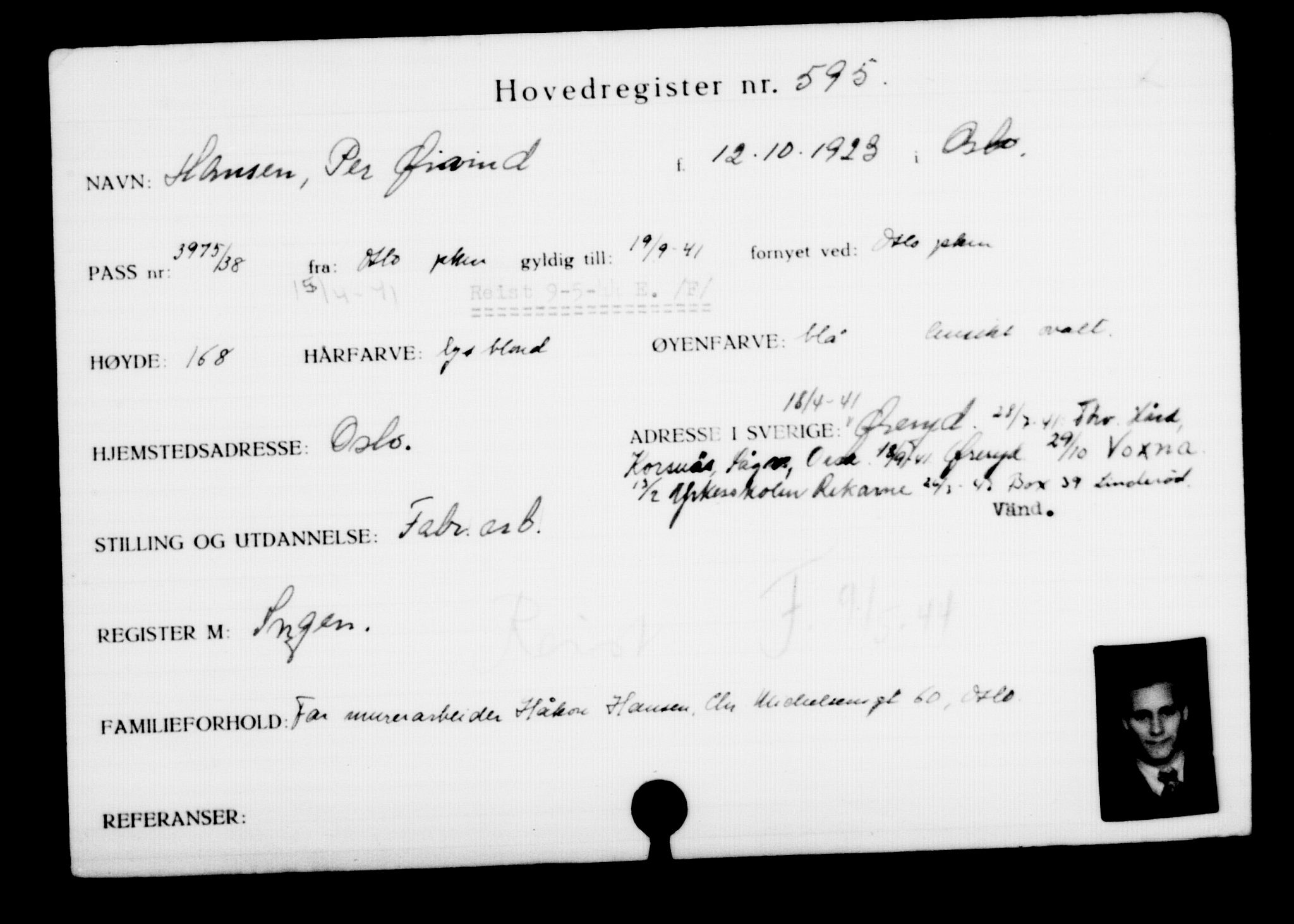 Utenriksstasjonene, Legasjonen i Stockholm, Flyktningkontoret, AV/RA-S-6753/V/Va/L0001: Kjesäterkartoteket, flyktninger med registreringsnr. 1-1000, 1940-1945, s. 927