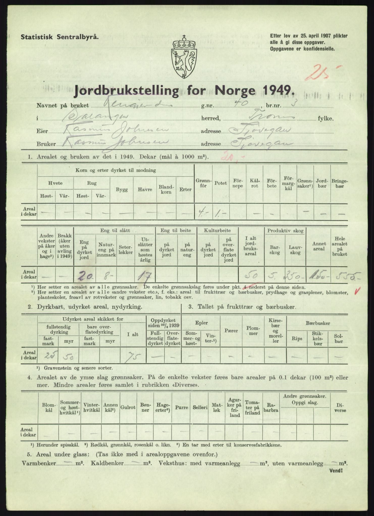 Statistisk sentralbyrå, Næringsøkonomiske emner, Jordbruk, skogbruk, jakt, fiske og fangst, AV/RA-S-2234/G/Gc/L0438: Troms: Salangen og Bardu, 1949, s. 613