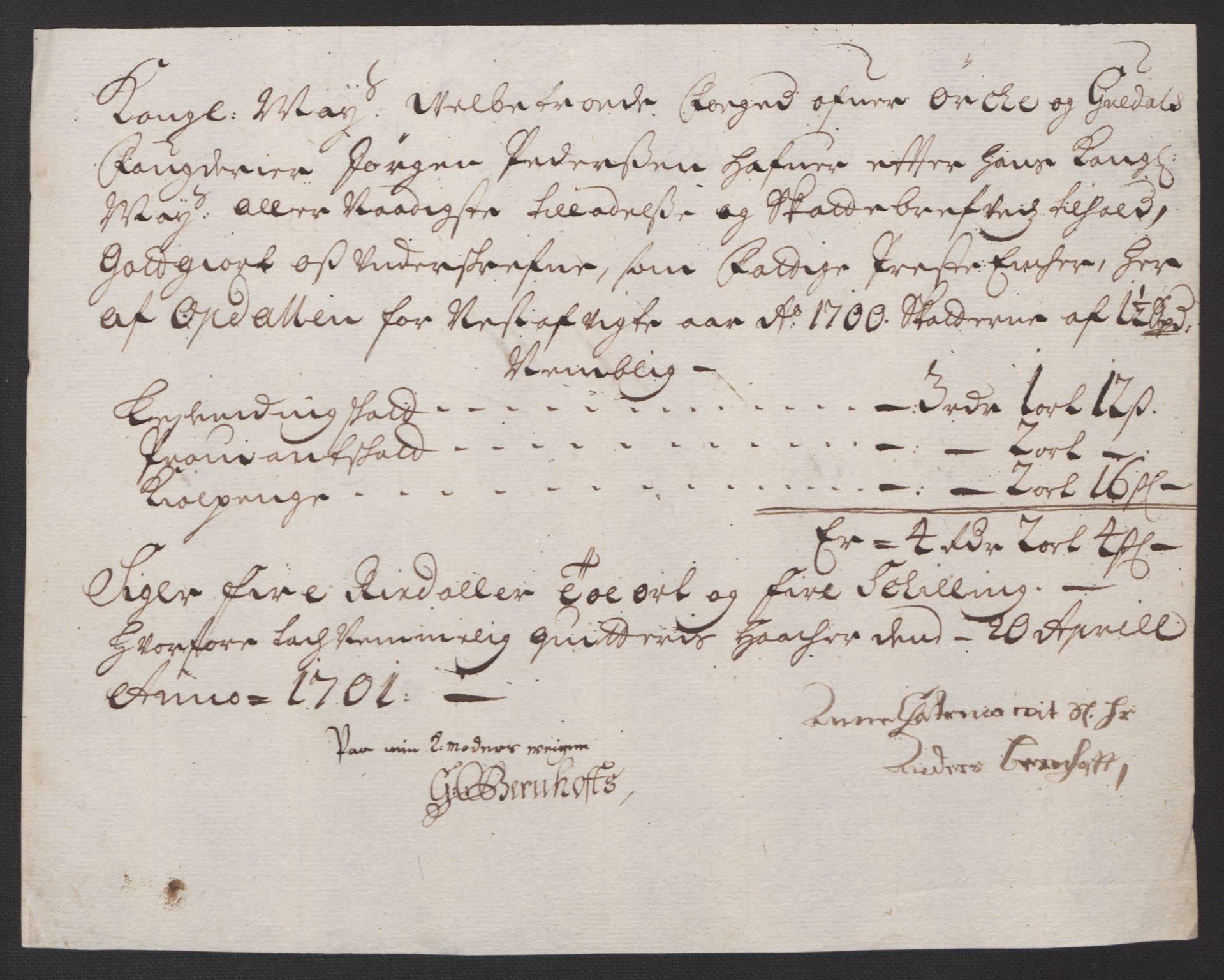 Rentekammeret inntil 1814, Reviderte regnskaper, Fogderegnskap, AV/RA-EA-4092/R60/L3950: Fogderegnskap Orkdal og Gauldal, 1700, s. 190