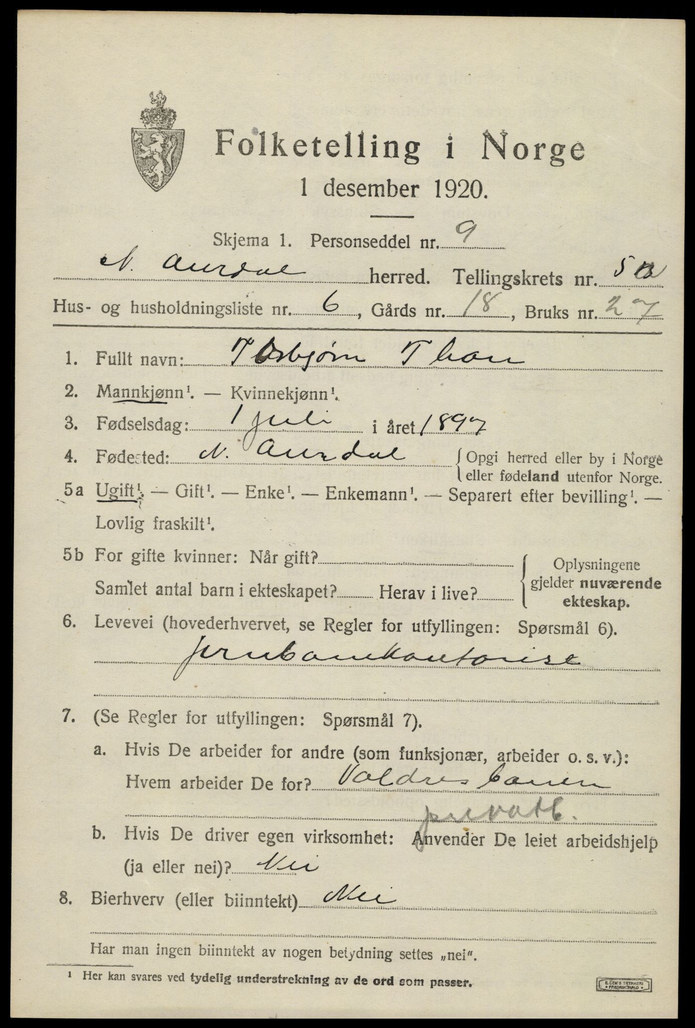 SAH, Folketelling 1920 for 0542 Nord-Aurdal herred, 1920, s. 4738