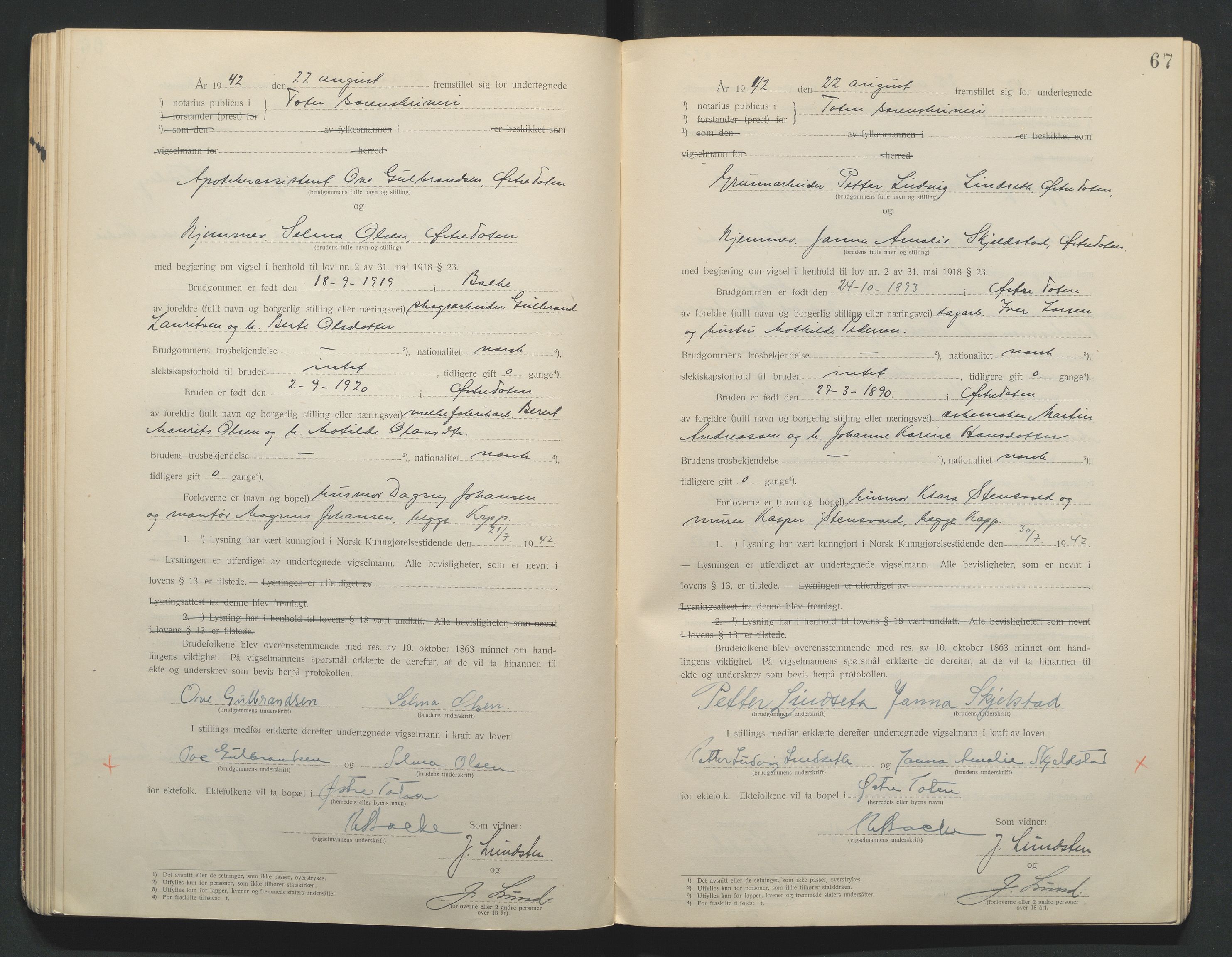 Toten tingrett, AV/SAH-TING-006/L/Lc/L0001: Vigselbok, 1920-1942, s. 67