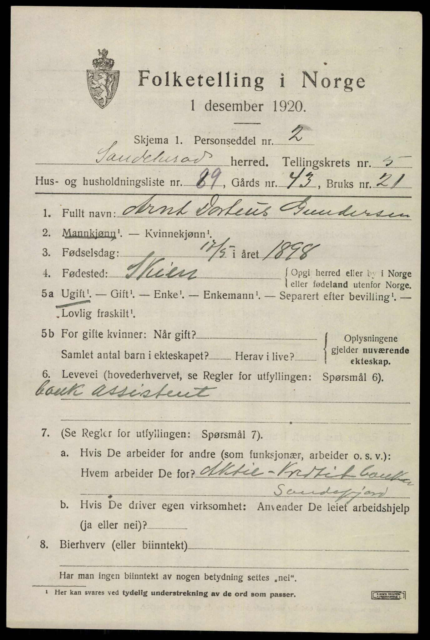 SAKO, Folketelling 1920 for 0724 Sandeherred herred, 1920, s. 9248