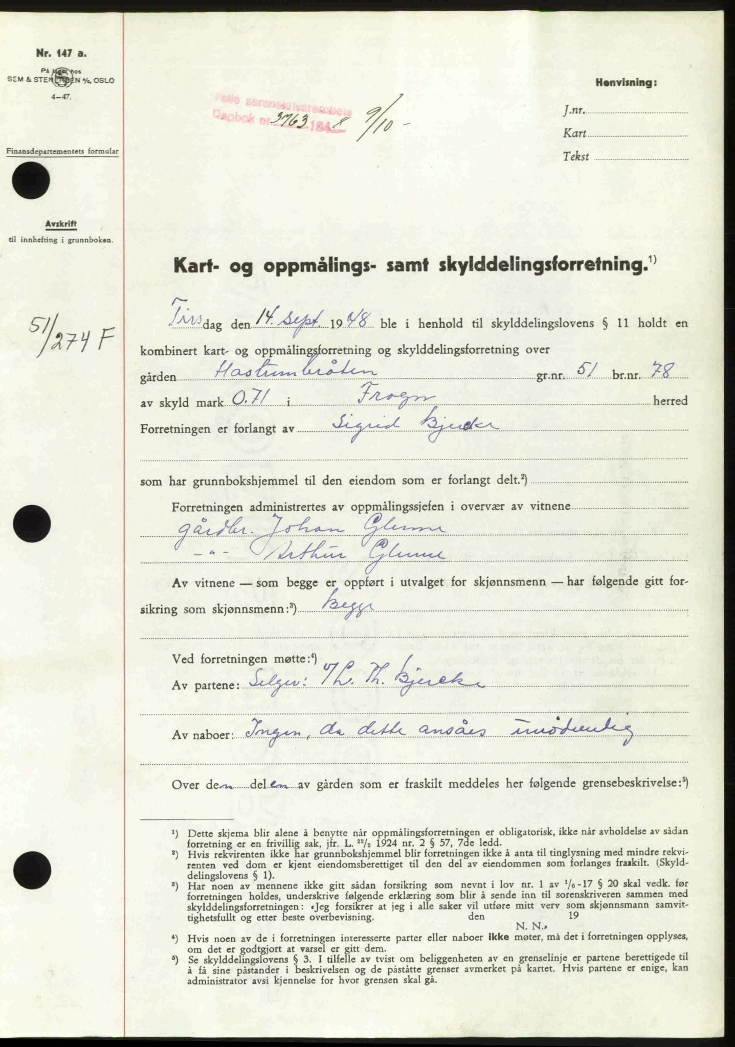 Follo sorenskriveri, SAO/A-10274/G/Ga/Gaa/L0085: Pantebok nr. I 85, 1948-1948, Dagboknr: 3763/1948