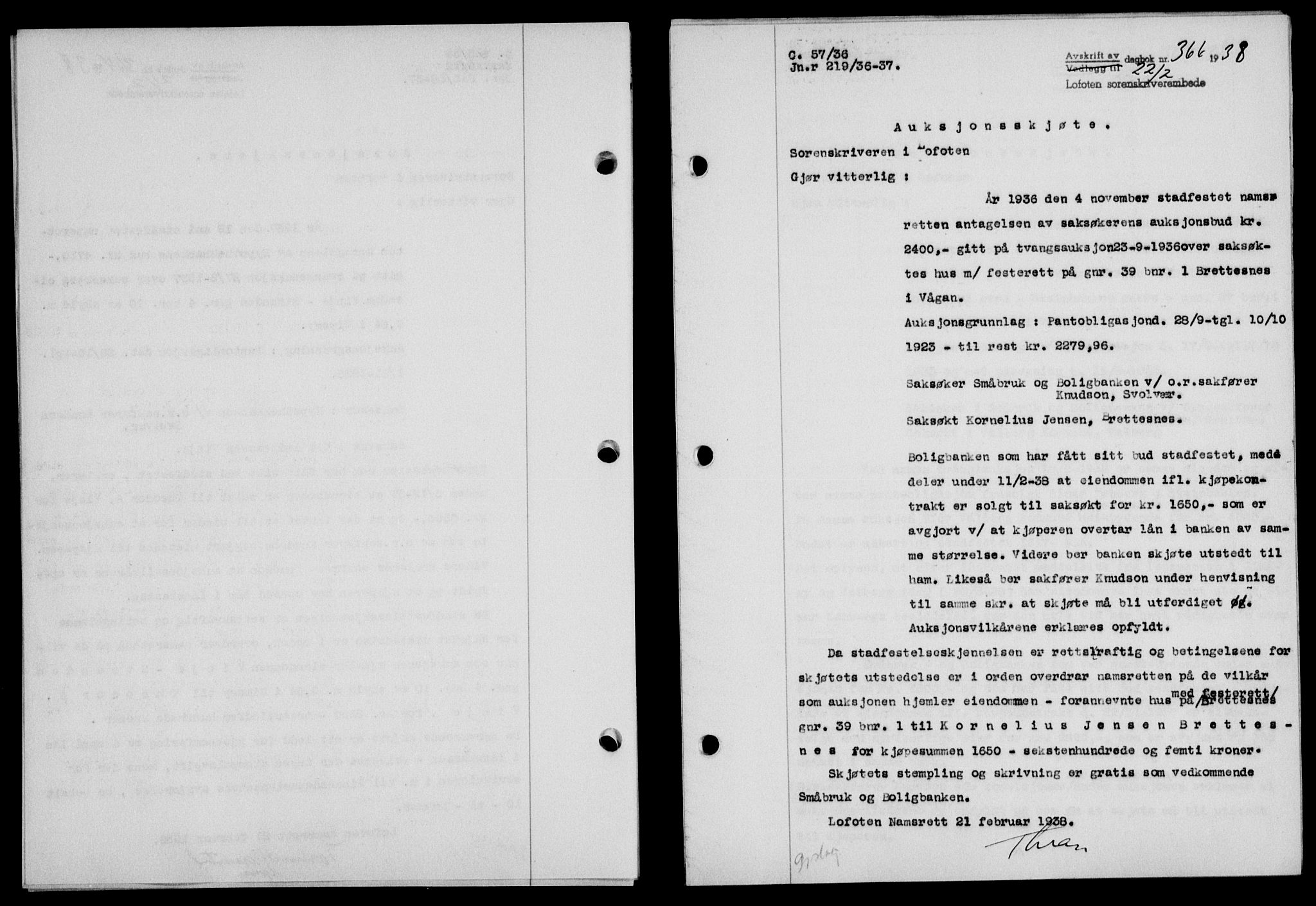 Lofoten sorenskriveri, SAT/A-0017/1/2/2C/L0003a: Pantebok nr. 3a, 1937-1938, Dagboknr: 366/1938