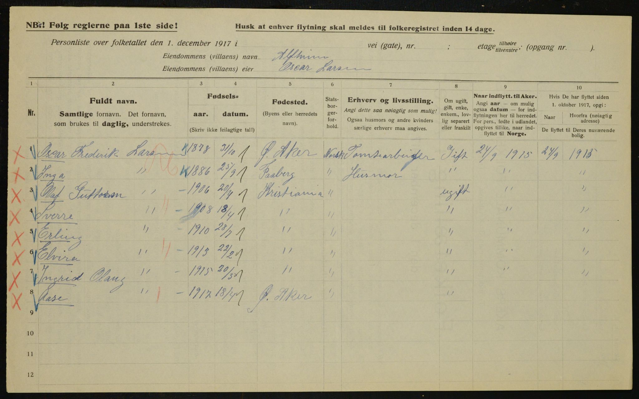 OBA, Kommunal folketelling 1.12.1917 for Aker, 1917, s. 27274