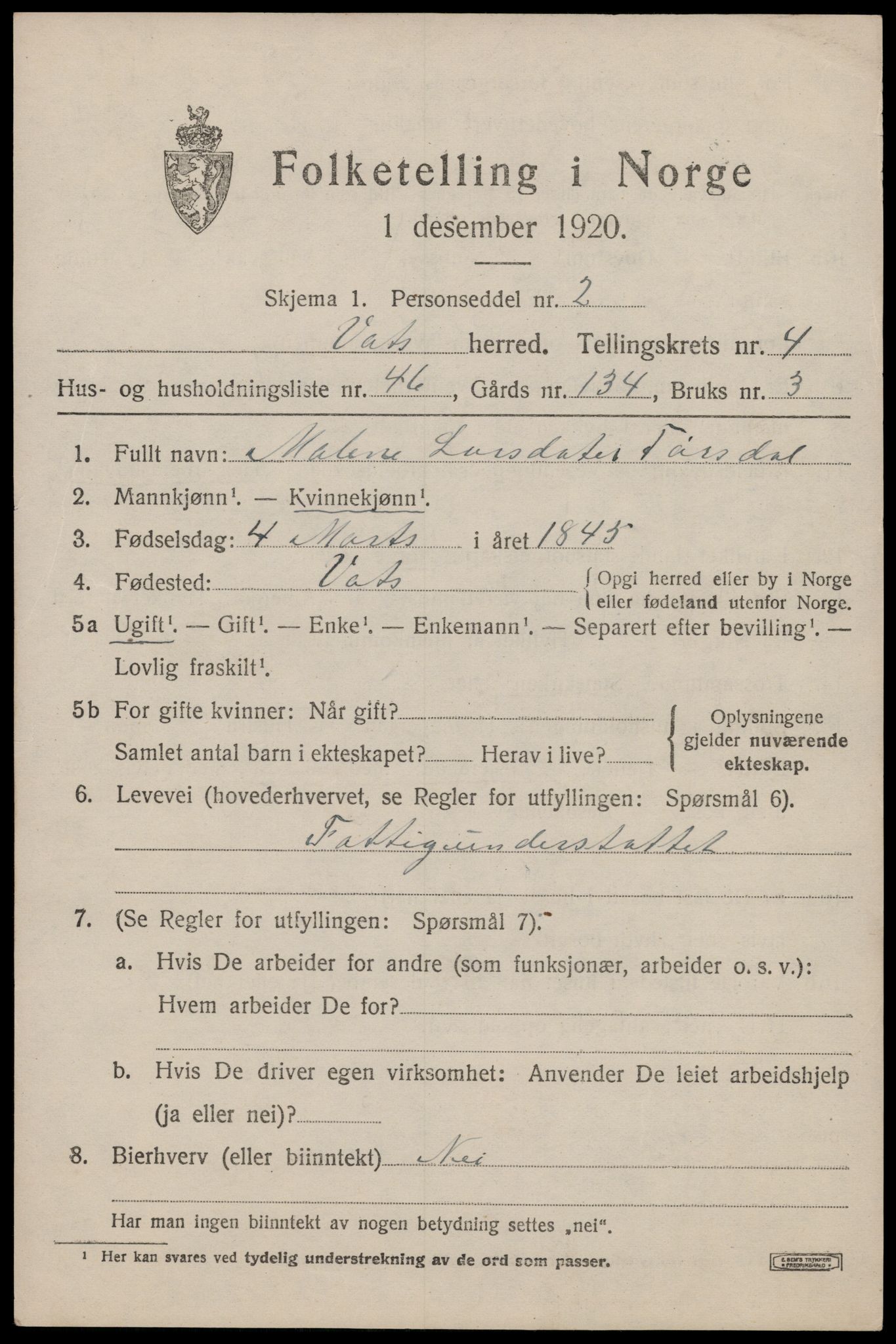 SAST, Folketelling 1920 for 1155 Vats herred, 1920, s. 1881