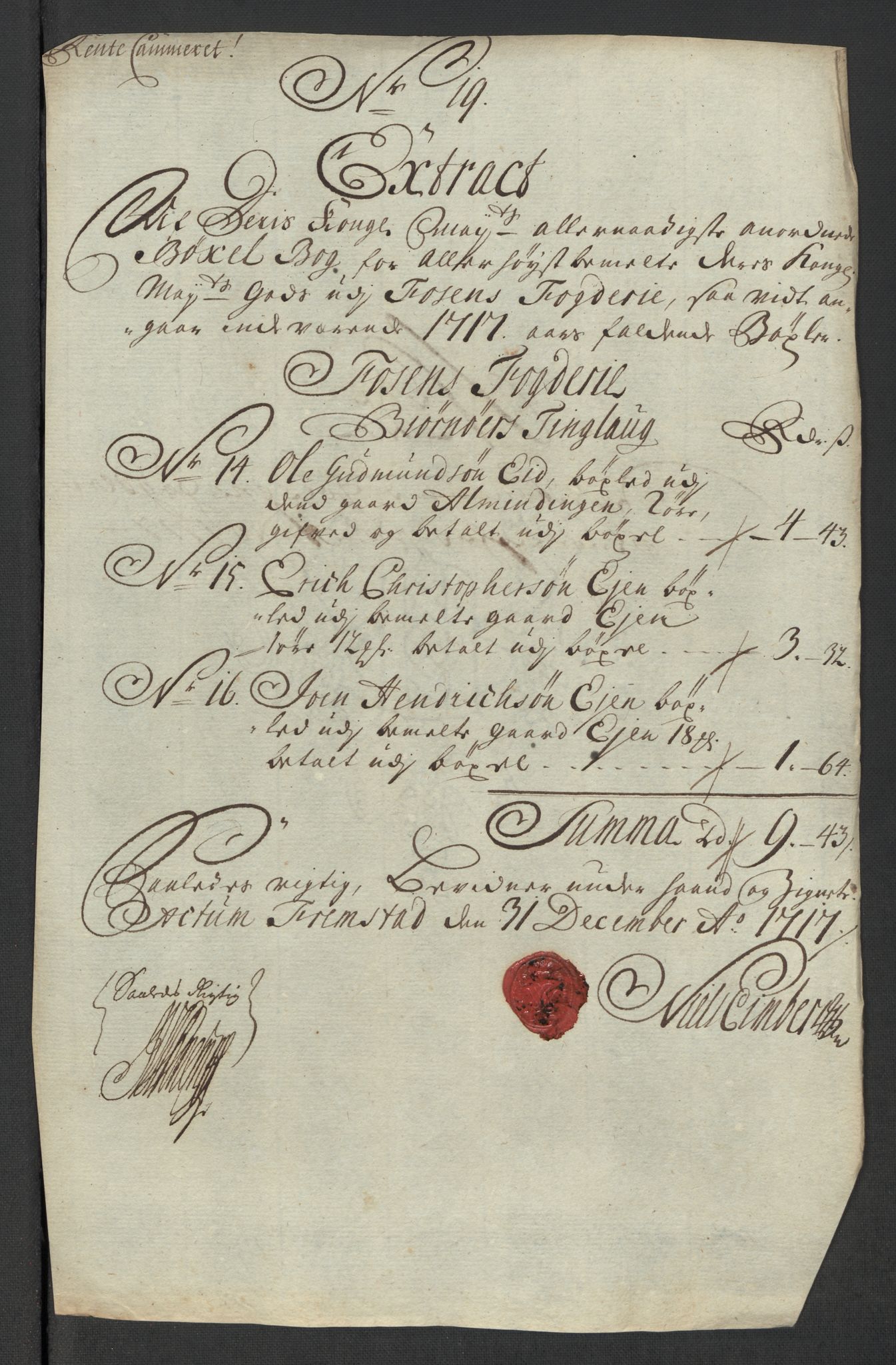 Rentekammeret inntil 1814, Reviderte regnskaper, Fogderegnskap, RA/EA-4092/R57/L3865: Fogderegnskap Fosen, 1717, s. 190
