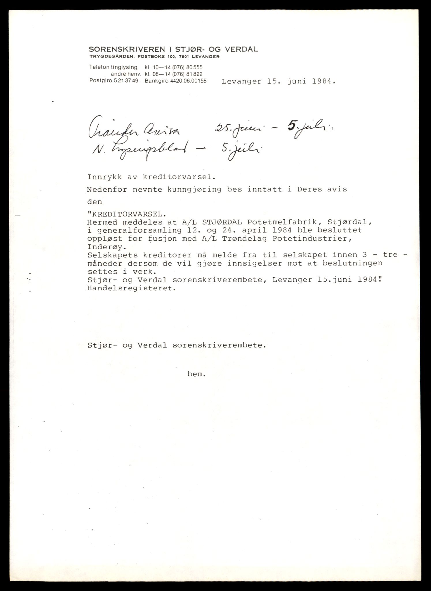 Stjør- og Verdal sorenskriveri, AV/SAT-A-4167/2/J/Jd/Jda/L0026: Bilag. Andelslag, S-Å, 1951-1990, s. 7