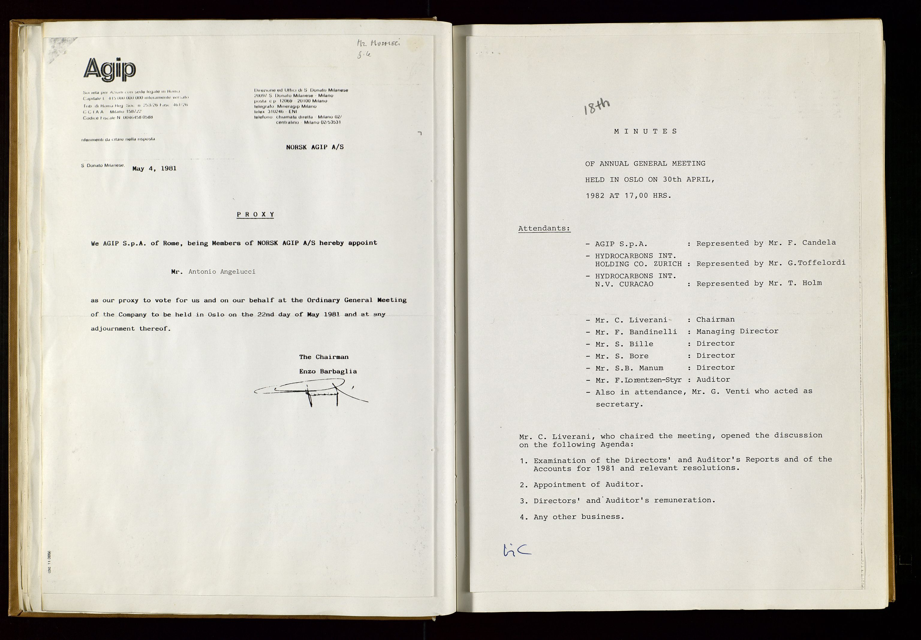 Pa 1583 - Norsk Agip AS, SAST/A-102138/A/Aa/L0001: General assembly and Board of Directors meeting minutes, 1965-1990