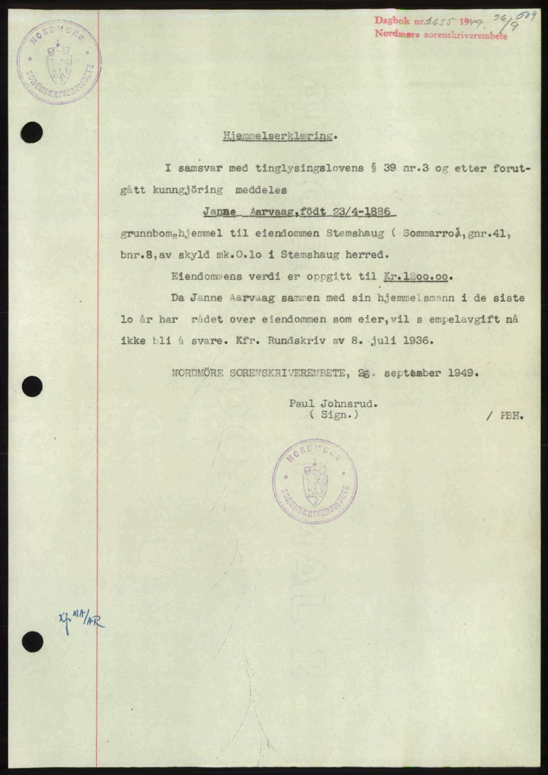 Nordmøre sorenskriveri, SAT/A-4132/1/2/2Ca: Pantebok nr. A112, 1949-1949, Dagboknr: 2655/1949