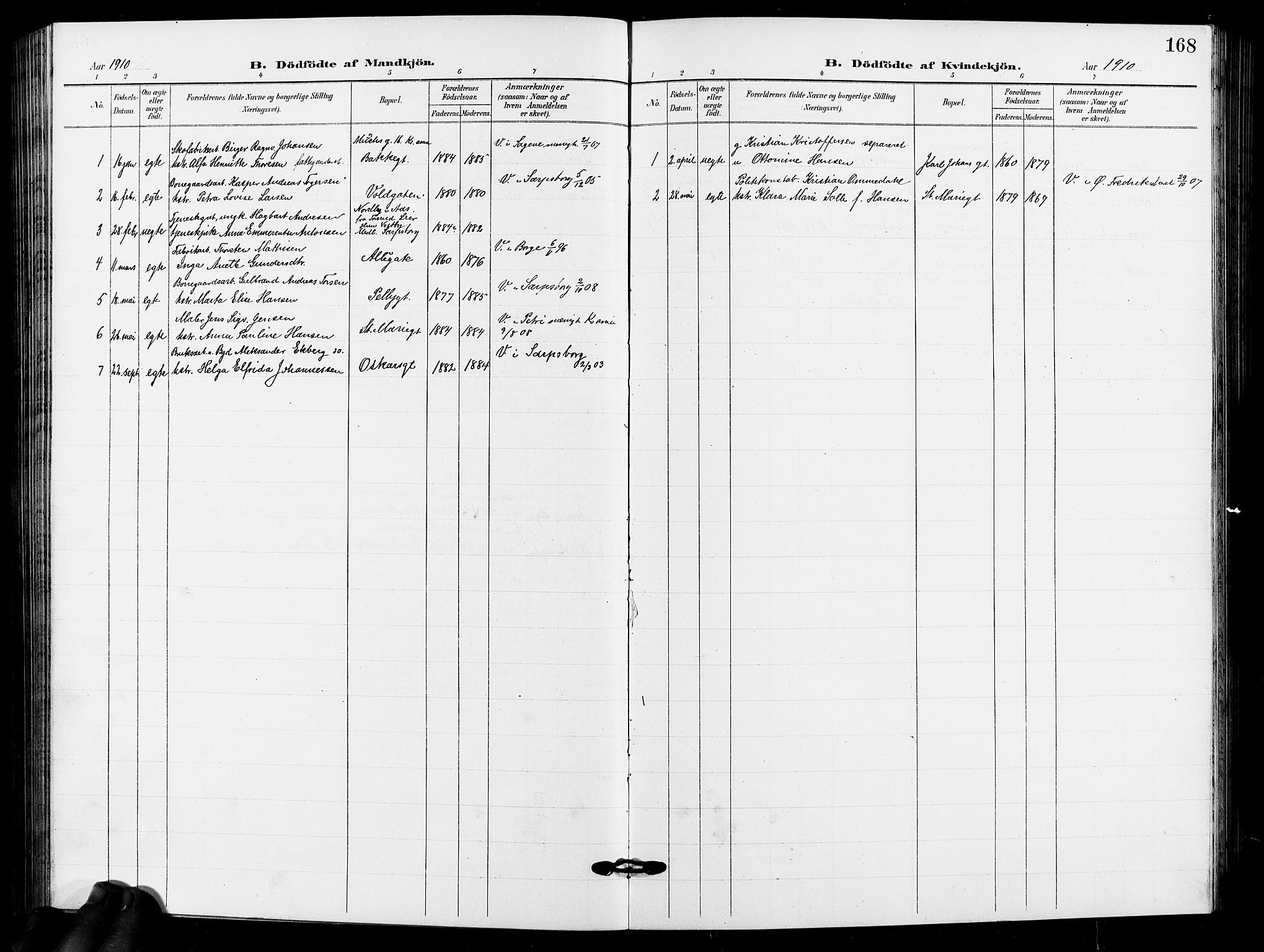 Sarpsborg prestekontor Kirkebøker, AV/SAO-A-2006/G/Ga/L0001: Klokkerbok nr. 1, 1902-1911, s. 168