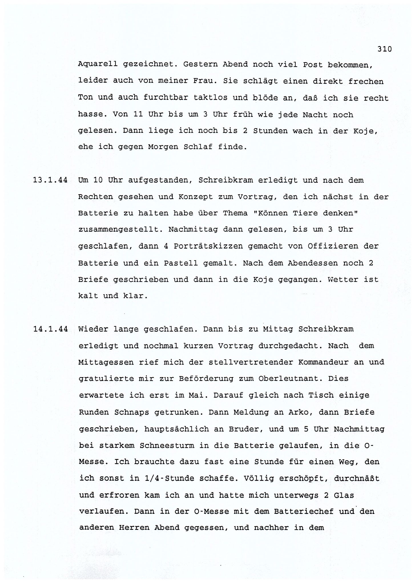 Dagbokopptegnelser av en tysk marineoffiser stasjonert i Norge , FMFB/A-1160/F/L0001: Dagbokopptegnelser av en tysk marineoffiser stasjonert i Norge, 1941-1944, s. 310