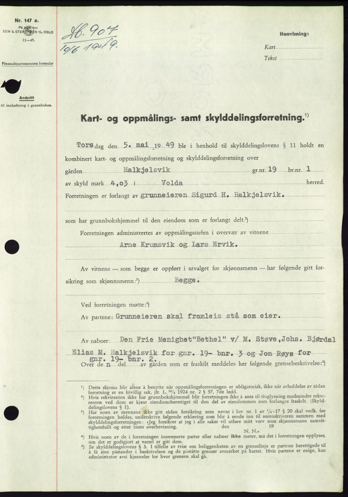 Søre Sunnmøre sorenskriveri, SAT/A-4122/1/2/2C/L0084: Pantebok nr. 10A, 1949-1949, Dagboknr: 907/1949