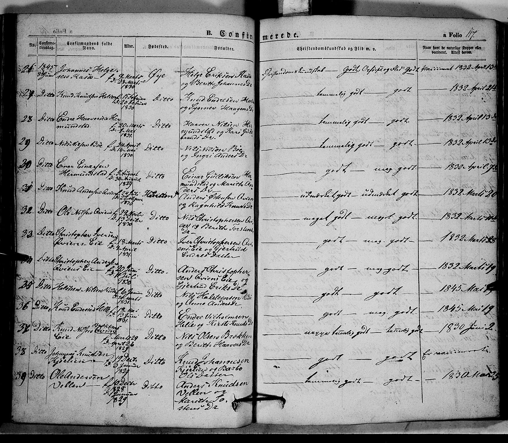 Vang prestekontor, Valdres, AV/SAH-PREST-140/H/Ha/L0005: Ministerialbok nr. 5, 1831-1845, s. 117
