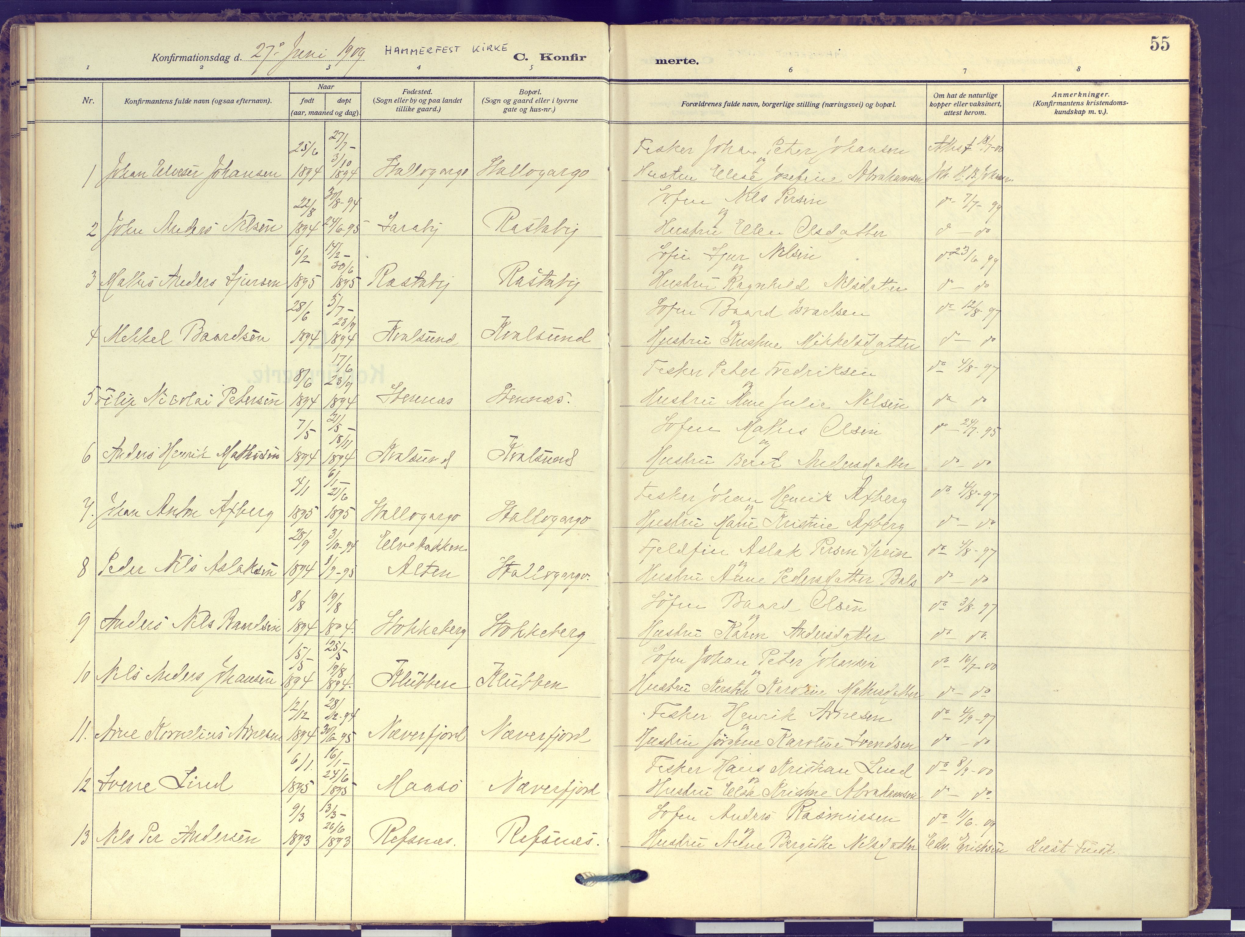 Hammerfest sokneprestkontor, AV/SATØ-S-1347/H/Ha/L0016.kirke: Ministerialbok nr. 16, 1908-1923, s. 55