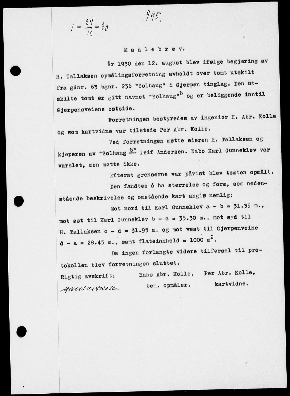 Gjerpen sorenskriveri, SAKO/A-216/G/Ga/Gaa/L0054: Pantebok nr. I 54-56, 1930-1931, s. 495, Tingl.dato: 24.10.1930