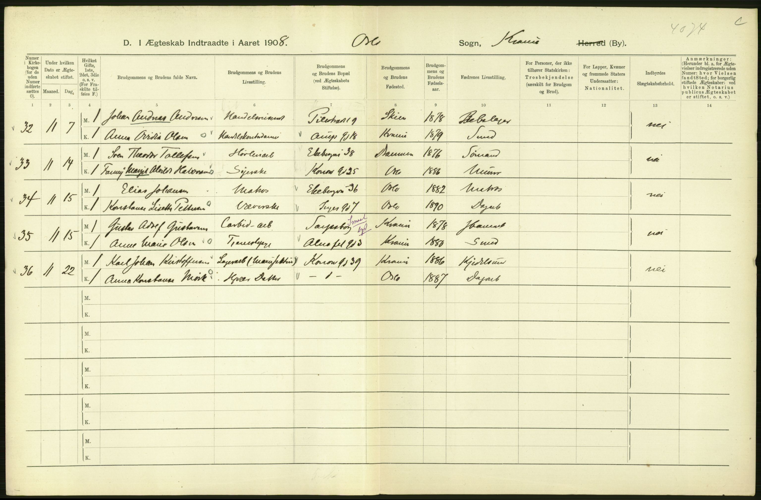 Statistisk sentralbyrå, Sosiodemografiske emner, Befolkning, AV/RA-S-2228/D/Df/Dfa/Dfaf/L0007: Kristiania: Gifte, 1908, s. 240