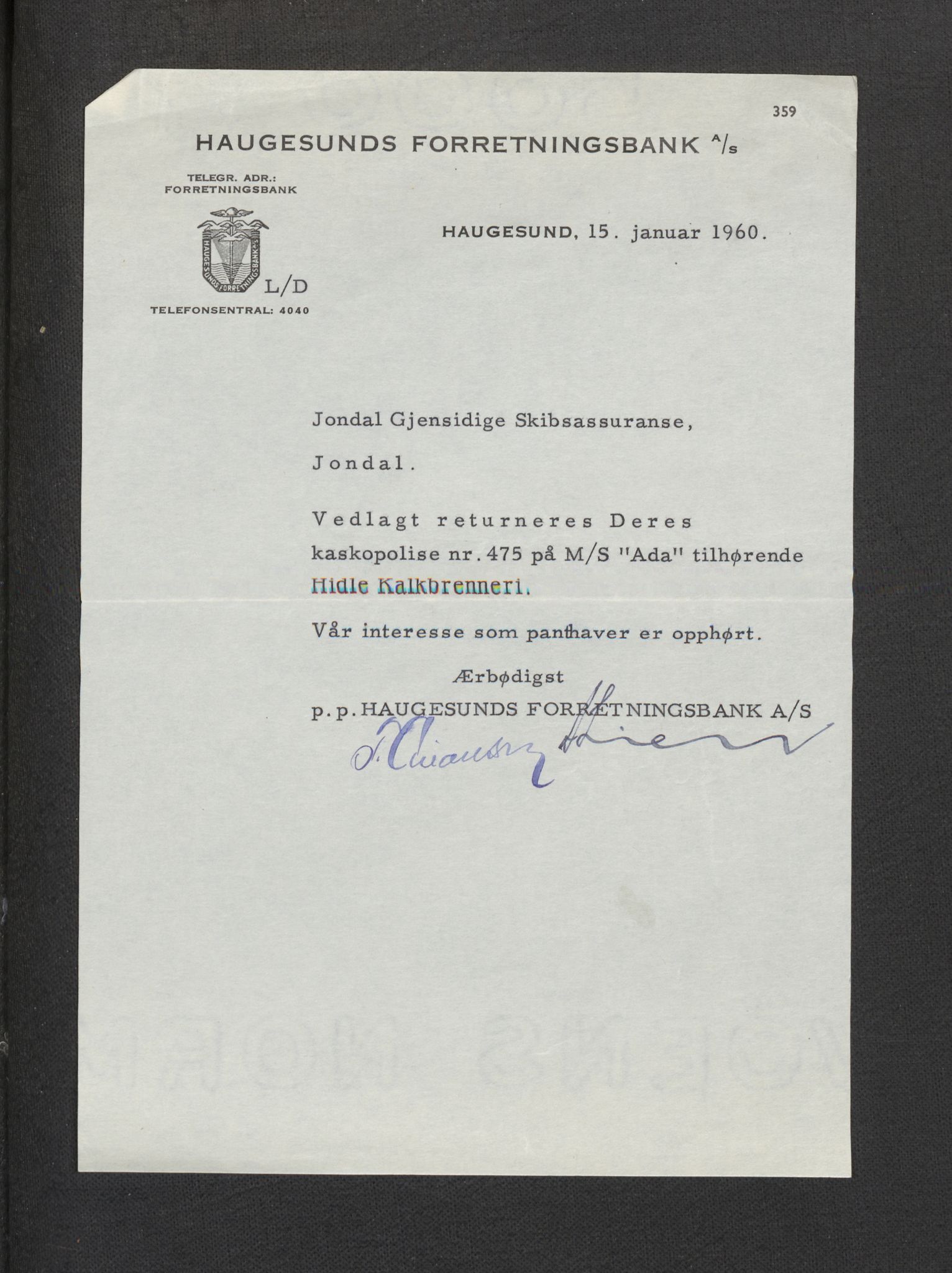 Jondal Skipsassuranseforening, AV/SAB-SAB/PA-0276/E/L0126: Korrespondanse , 1960-1962