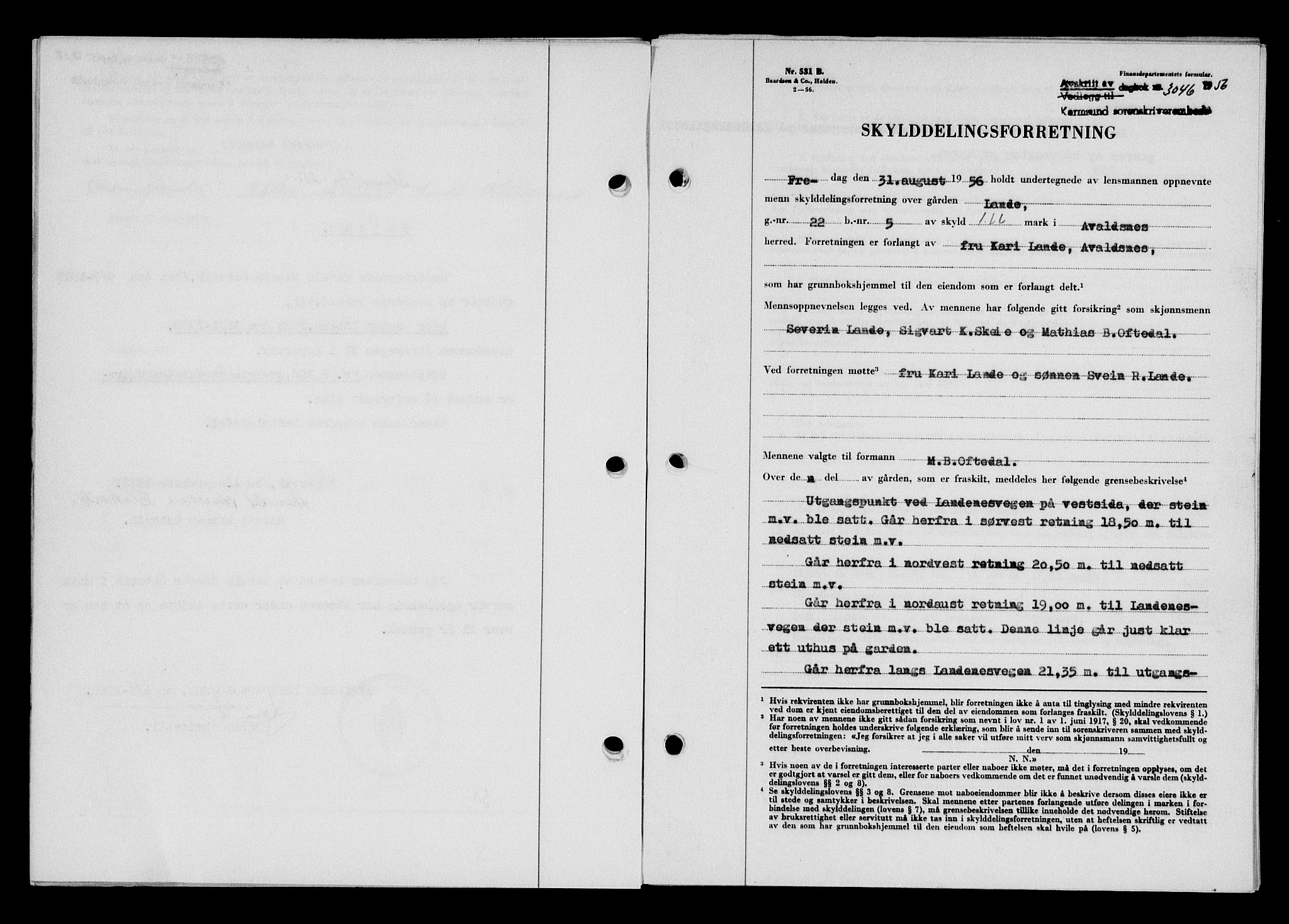 Karmsund sorenskriveri, SAST/A-100311/01/II/IIB/L0121: Pantebok nr. 101A, 1956-1956, Dagboknr: 3046/1956