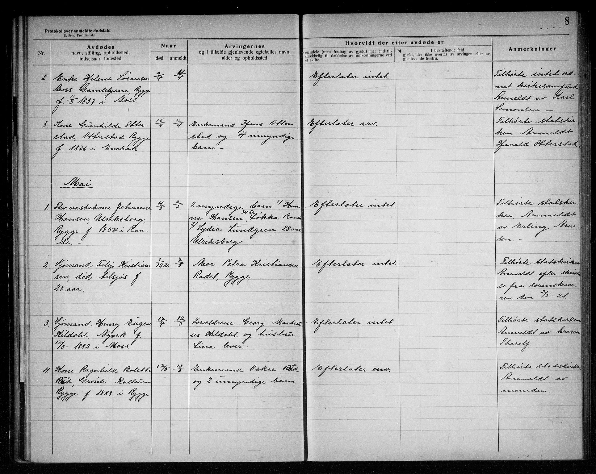 Rygge lensmannskontor, AV/SAO-A-10005/H/Ha/Haa/L0007: Dødsfallsprotokoll, 1920-1925, s. 8