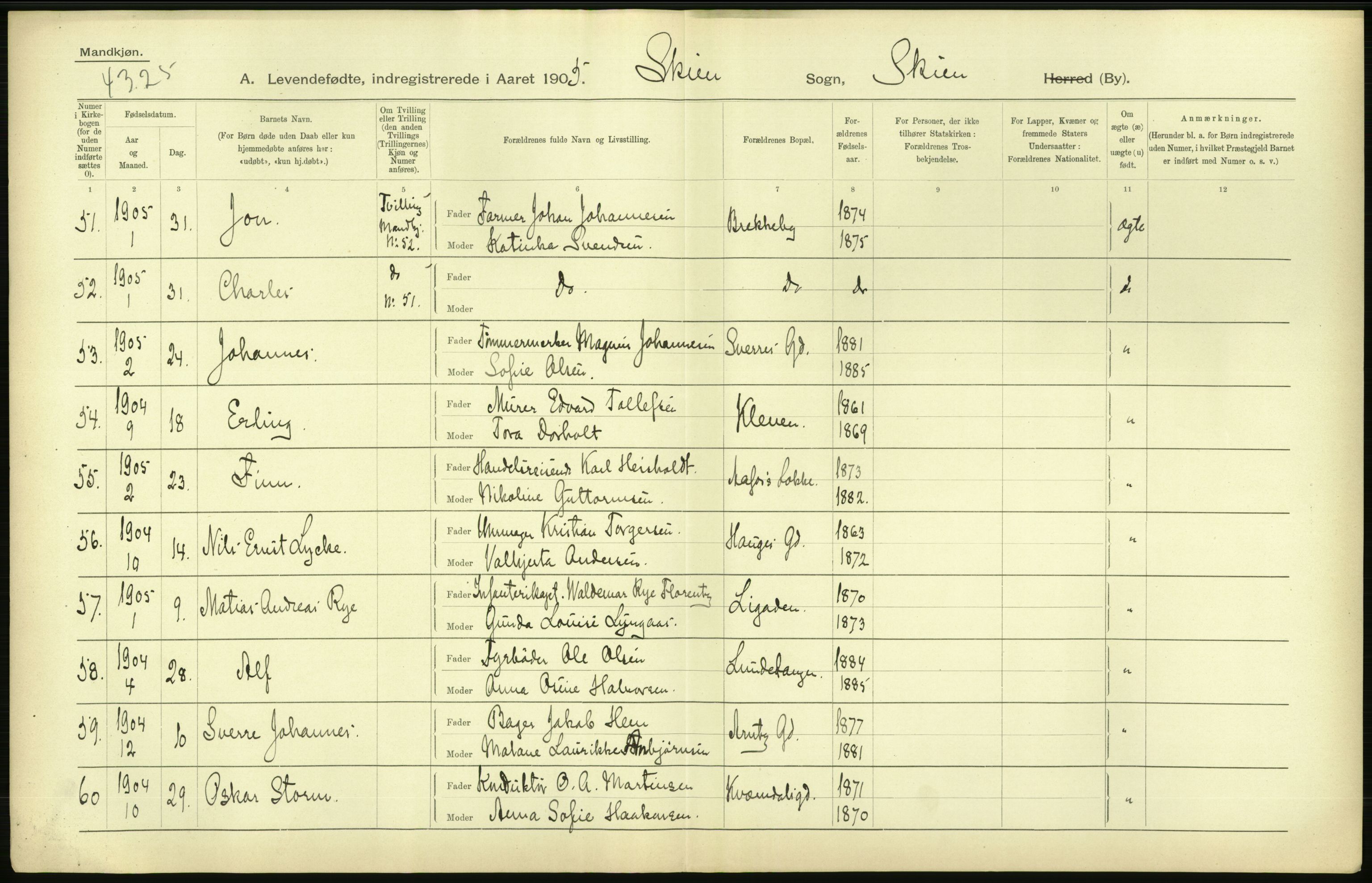 Statistisk sentralbyrå, Sosiodemografiske emner, Befolkning, AV/RA-S-2228/D/Df/Dfa/Dfac/L0043: Bratsberg - Lister og Mandals amt: Levendefødte menn og kvinner, gifte, døde, dødfødte. Byer., 1905, s. 140