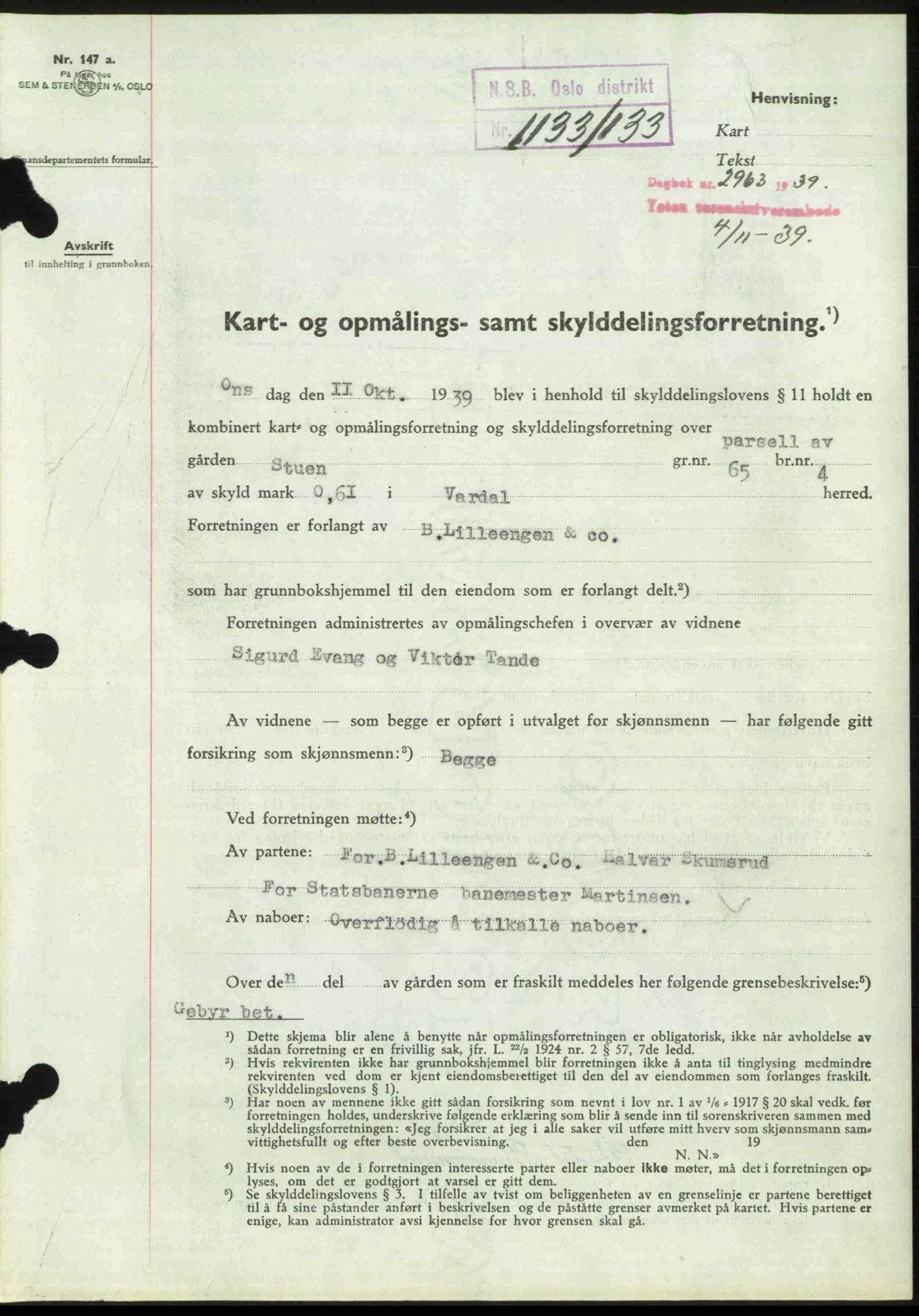 Toten tingrett, SAH/TING-006/H/Hb/Hbc/L0007: Pantebok nr. Hbc-07, 1939-1940, Dagboknr: 2963/1939