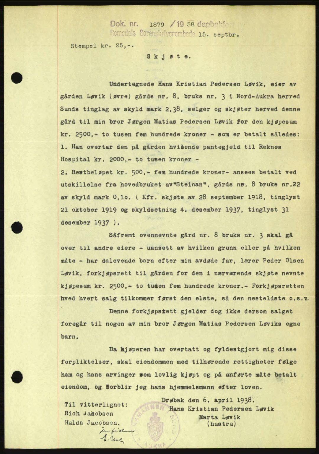 Romsdal sorenskriveri, SAT/A-4149/1/2/2C: Pantebok nr. A5, 1938-1938, Dagboknr: 1879/1938