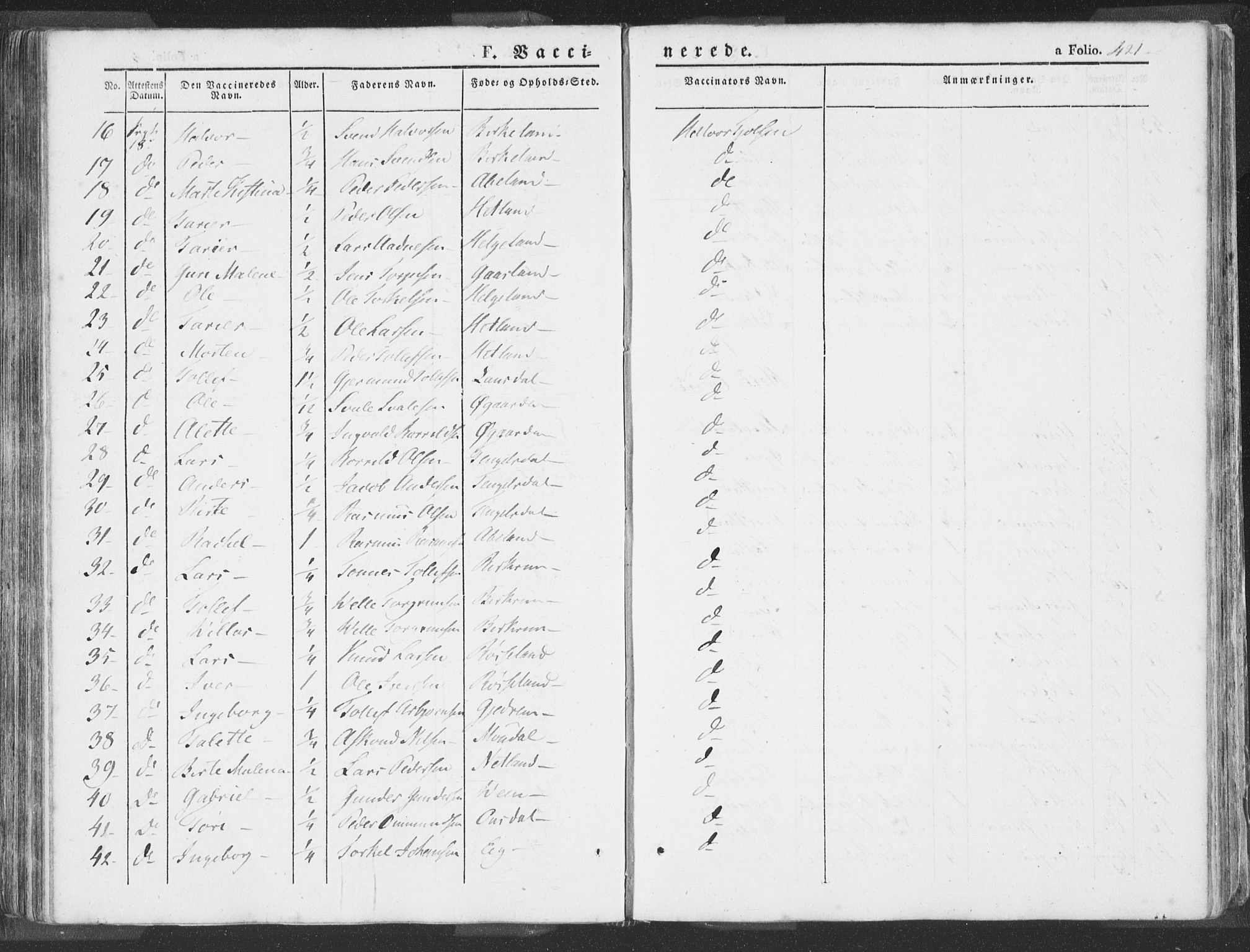 Helleland sokneprestkontor, AV/SAST-A-101810: Ministerialbok nr. A 6.2, 1834-1863, s. 421