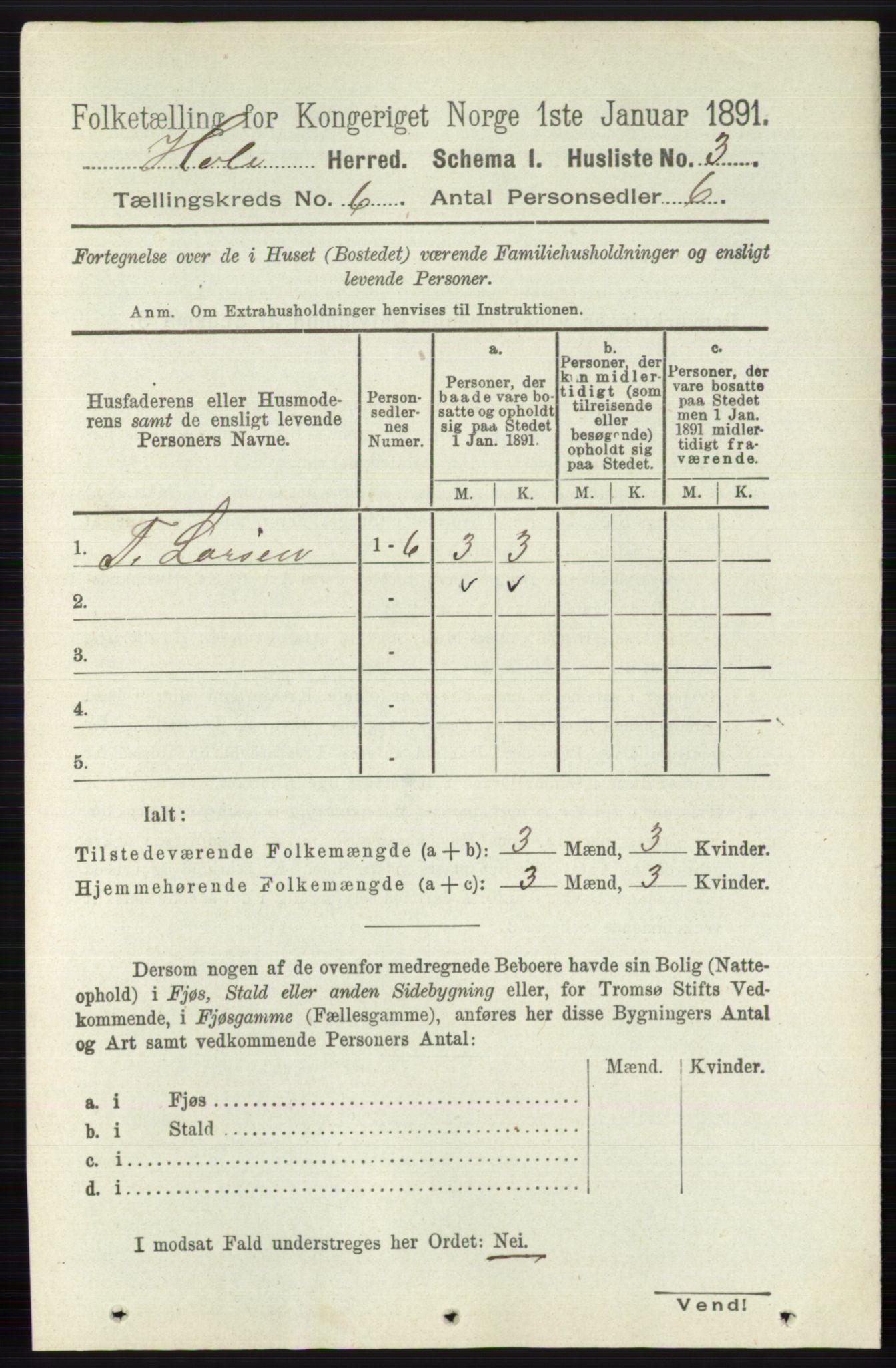 RA, Folketelling 1891 for 0612 Hole herred, 1891, s. 2973