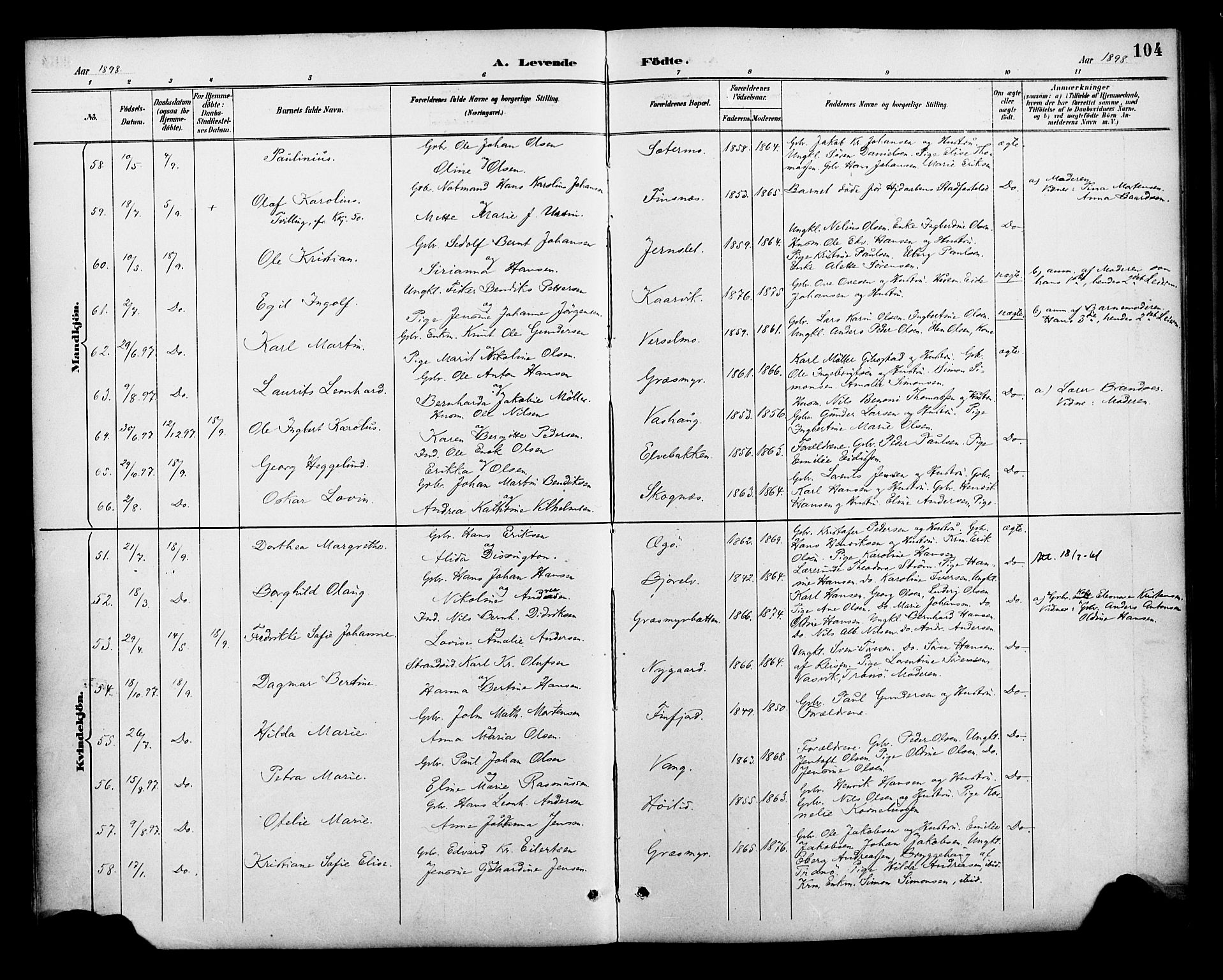 Lenvik sokneprestembete, AV/SATØ-S-1310/H/Ha/Haa/L0013kirke: Ministerialbok nr. 13, 1890-1898, s. 104