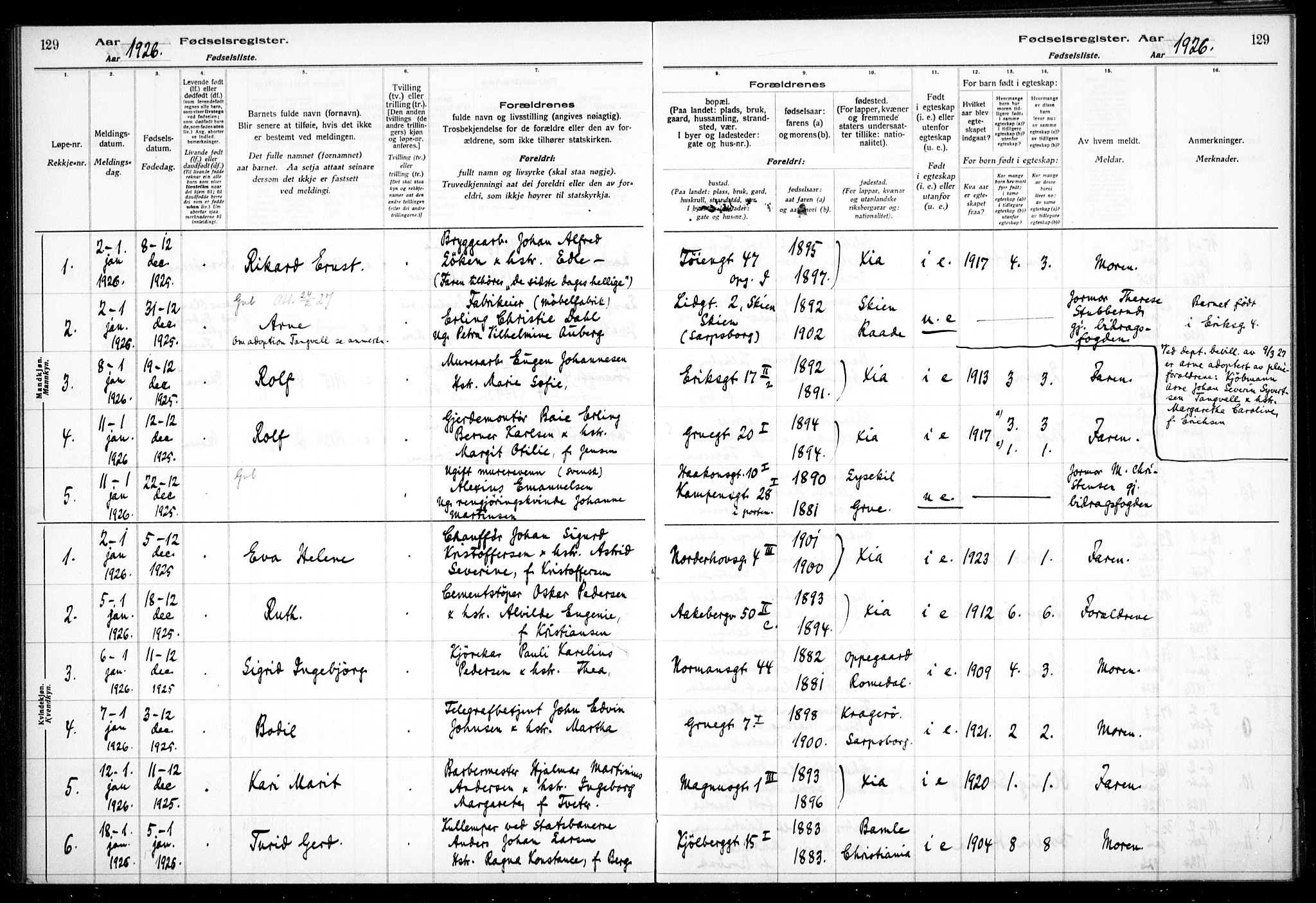 Kampen prestekontor Kirkebøker, AV/SAO-A-10853/J/Ja/L0002: Fødselsregister nr. 2, 1920-1935, s. 129