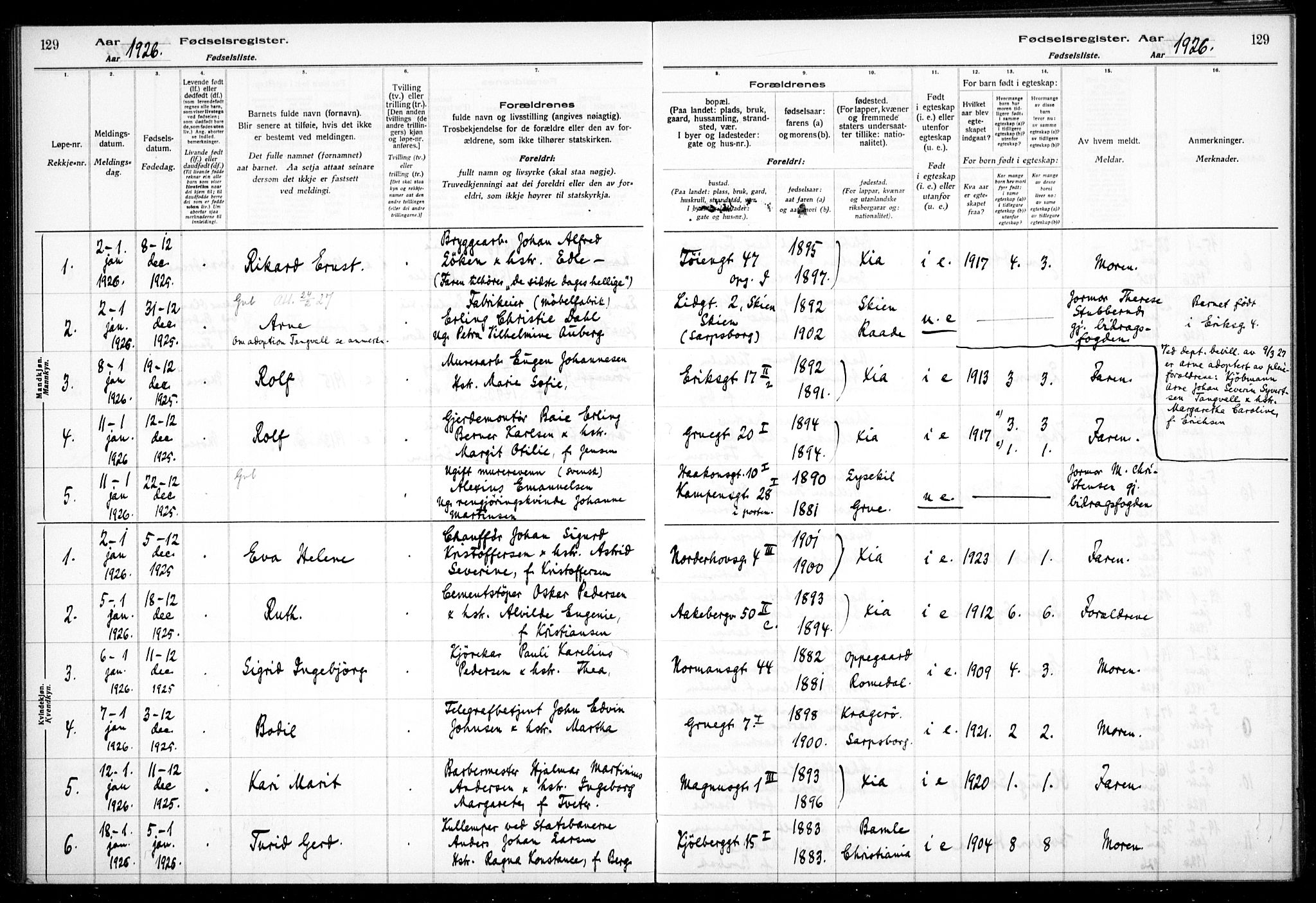 Kampen prestekontor Kirkebøker, AV/SAO-A-10853/J/Ja/L0002: Fødselsregister nr. 2, 1920-1935, s. 129