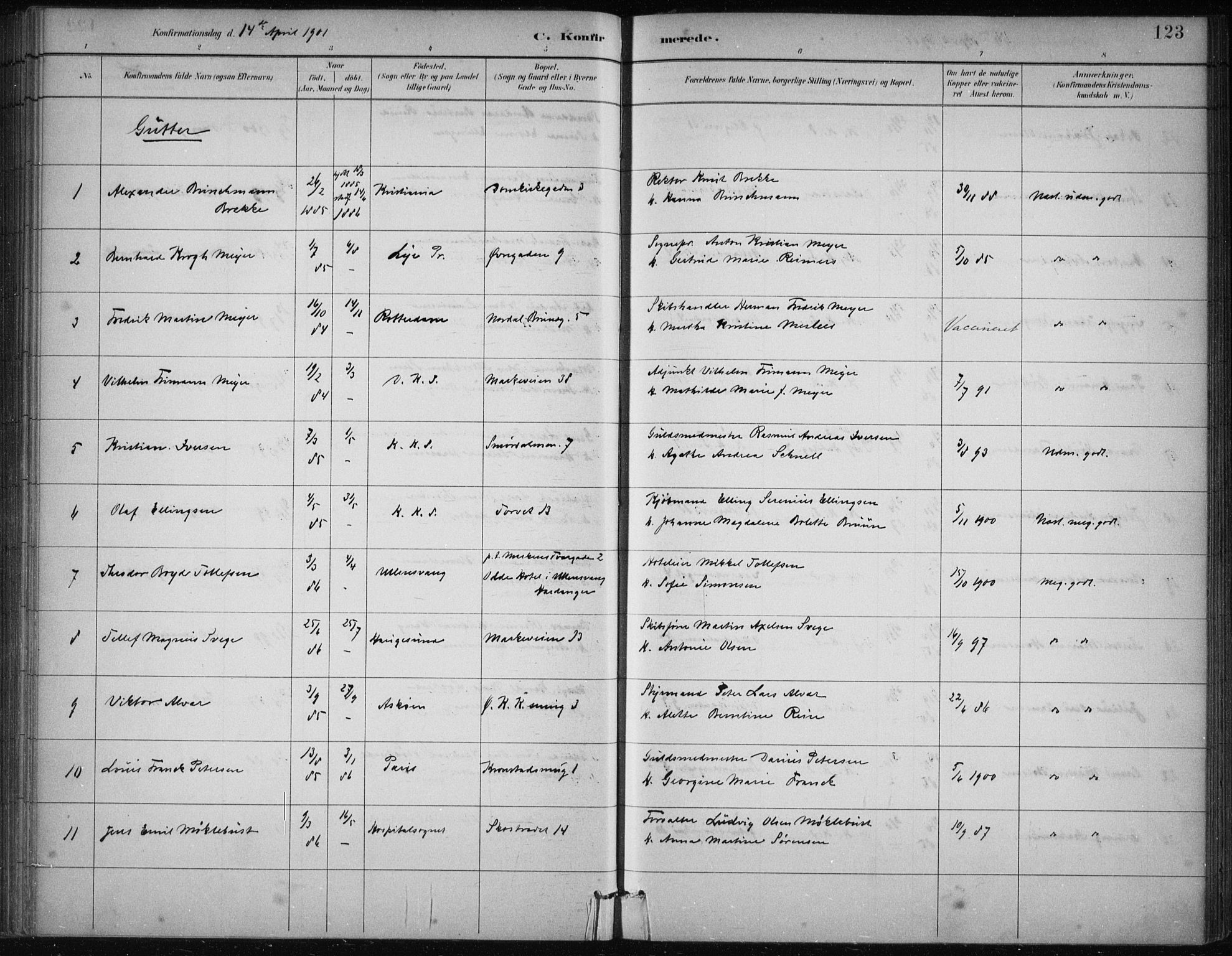 Korskirken sokneprestembete, SAB/A-76101/H/Hab: Klokkerbok nr. C 4, 1893-1905, s. 123