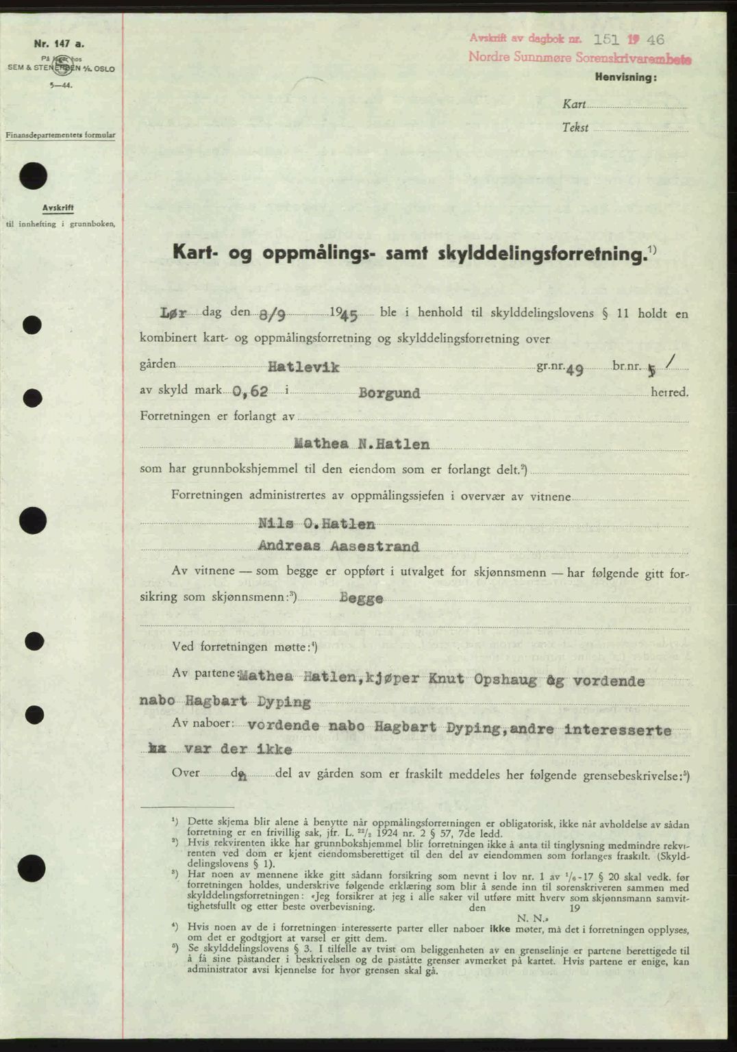 Nordre Sunnmøre sorenskriveri, SAT/A-0006/1/2/2C/2Ca: Pantebok nr. A20b, 1946-1946, Dagboknr: 151/1946
