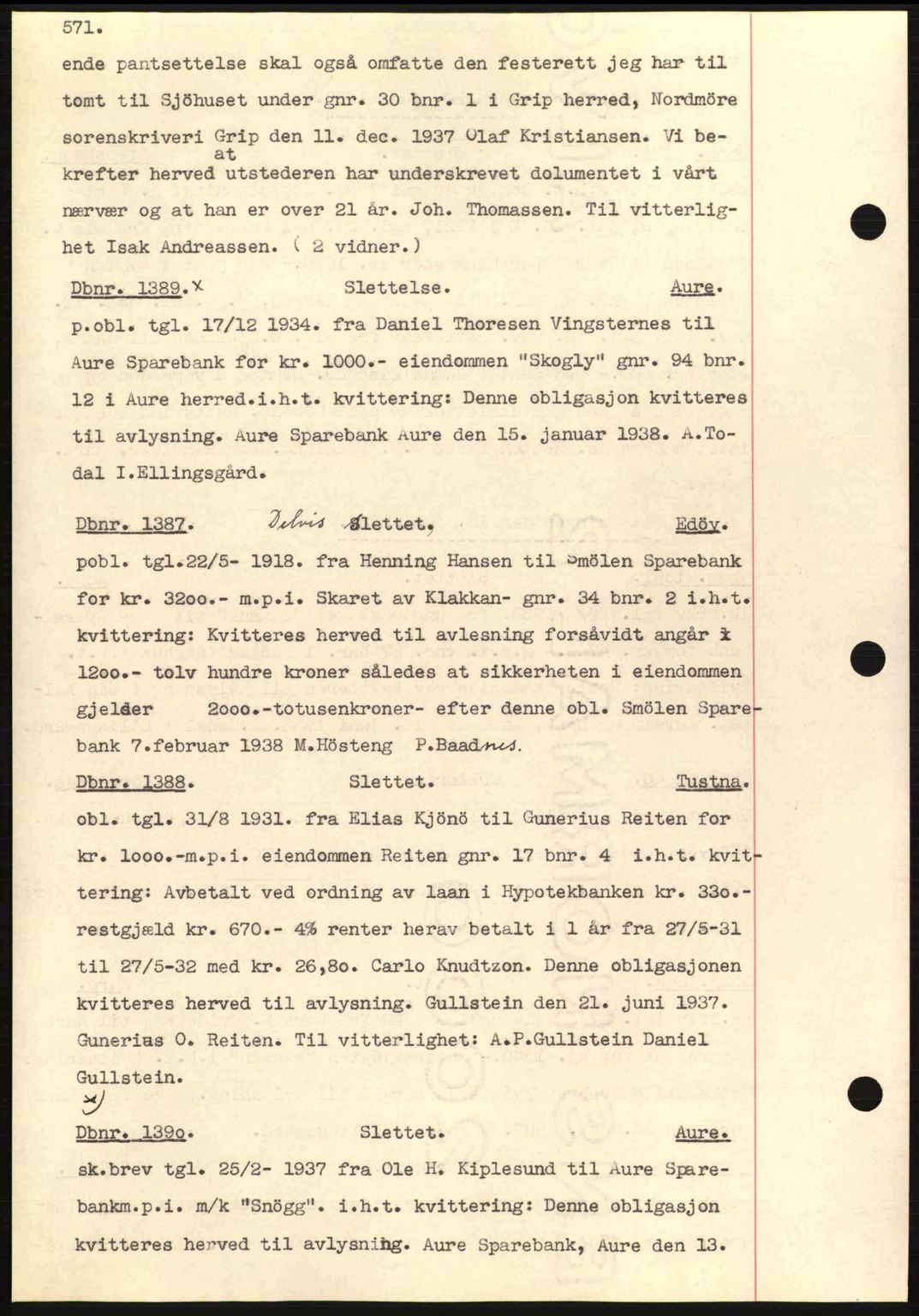 Nordmøre sorenskriveri, SAT/A-4132/1/2/2Ca: Pantebok nr. C80, 1936-1939, Dagboknr: 1389/1938