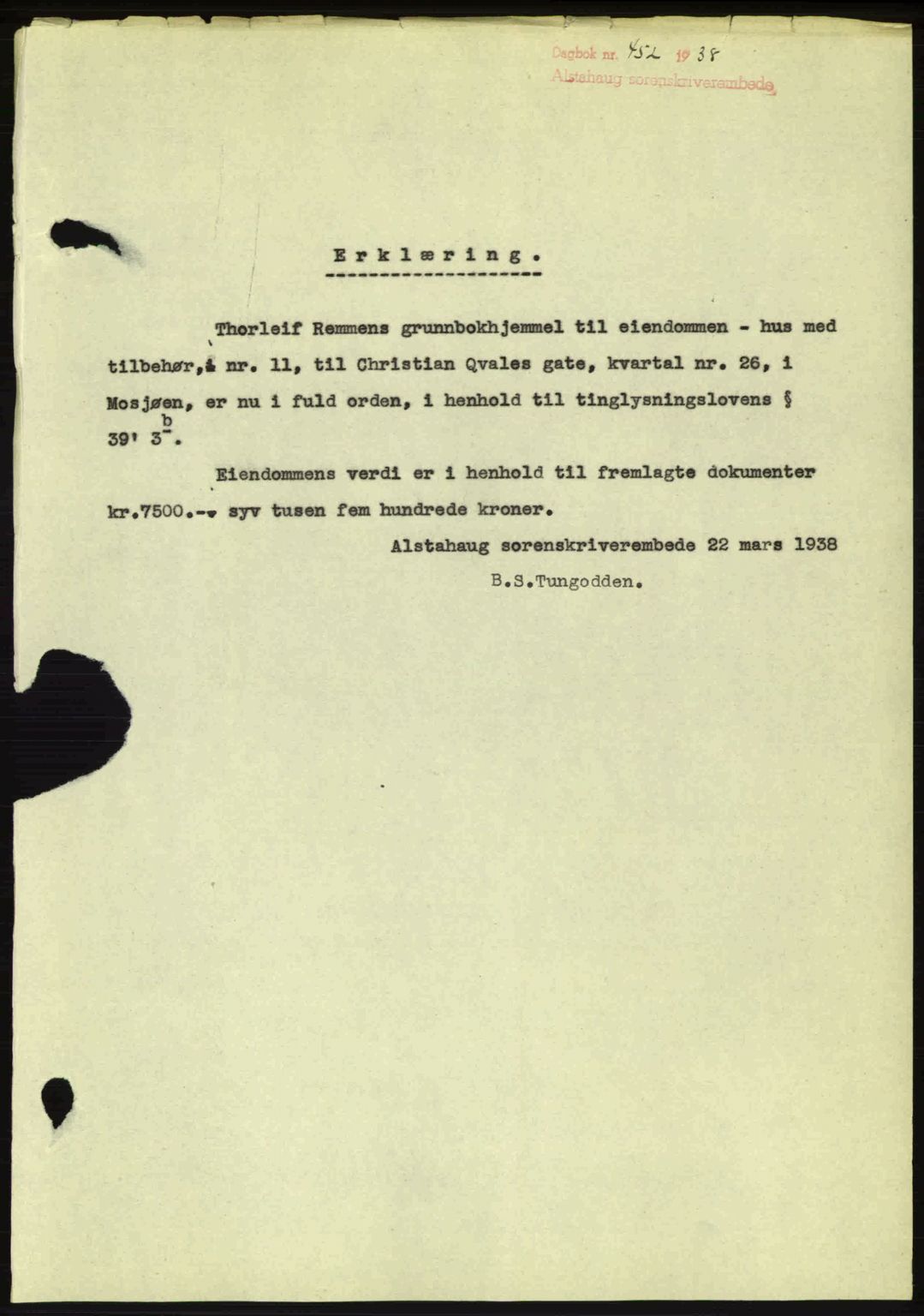 Alstahaug sorenskriveri, SAT/A-1009: Pantebok nr. A3, 1937-1938, Dagboknr: 452/1938