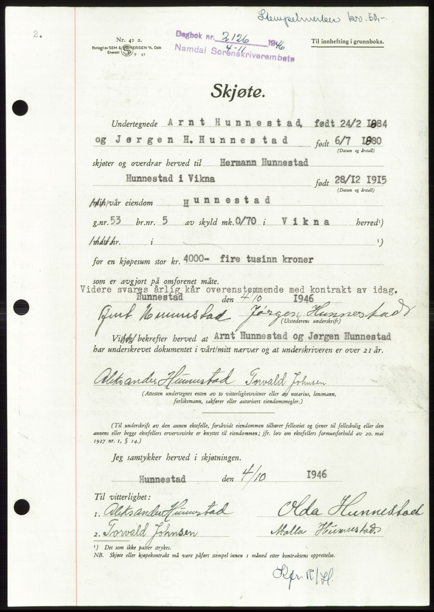 Namdal sorenskriveri, SAT/A-4133/1/2/2C: Pantebok nr. -, 1946-1947, Dagboknr: 2126/1946