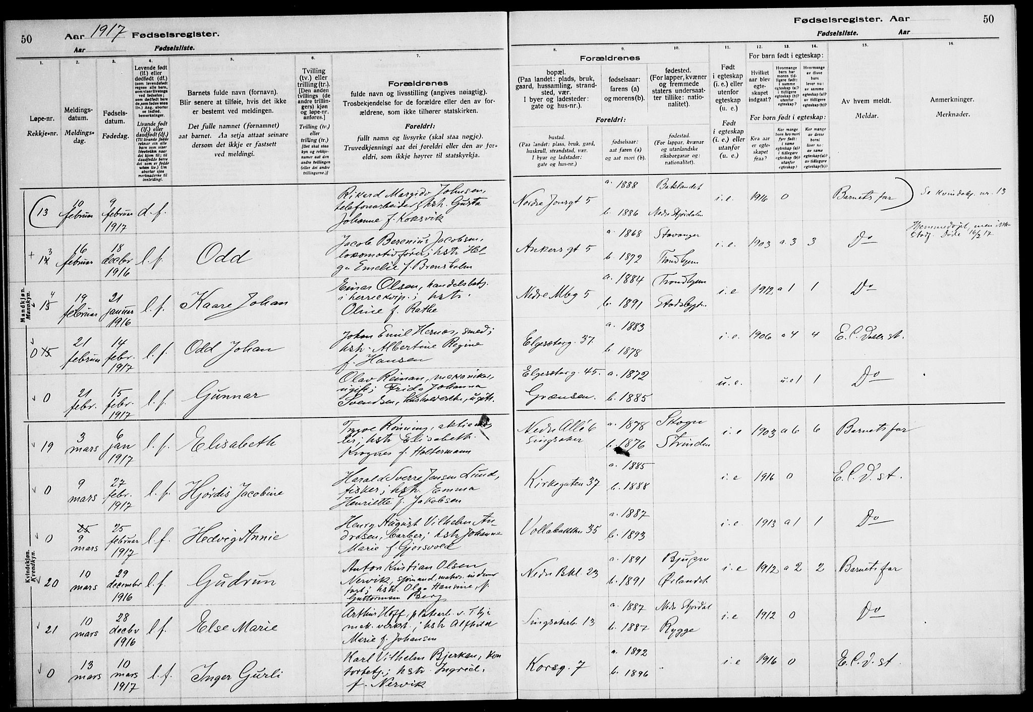 Ministerialprotokoller, klokkerbøker og fødselsregistre - Sør-Trøndelag, AV/SAT-A-1456/604/L0232: Fødselsregister nr. 604.II.4.1, 1916-1920, s. 50