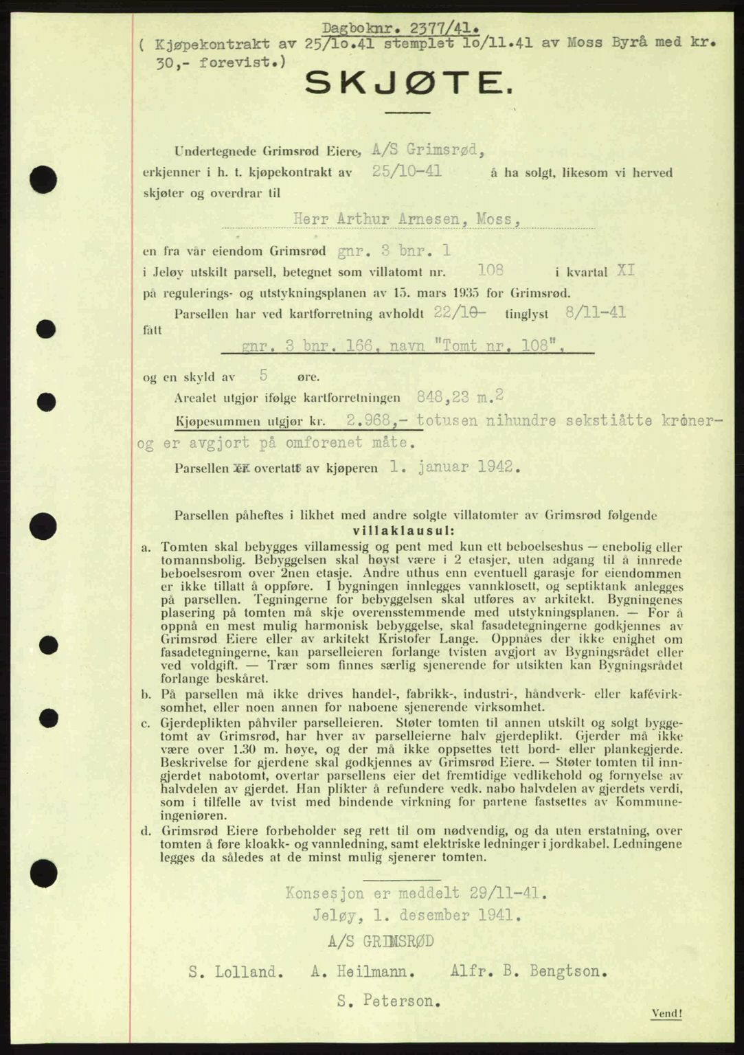 Moss sorenskriveri, SAO/A-10168: Pantebok nr. A9, 1941-1942, Dagboknr: 2377/1941